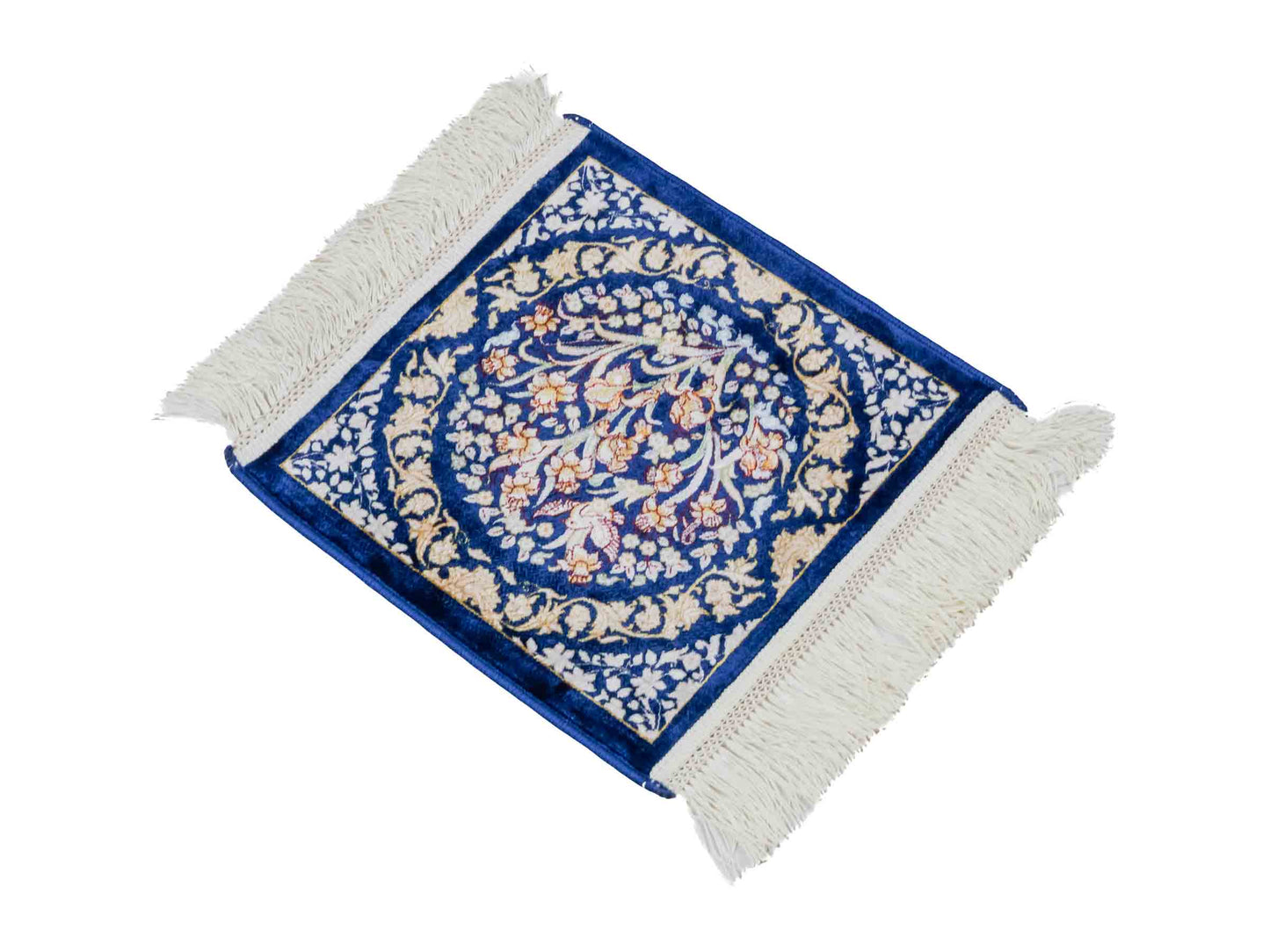 Ghom Maschinenteppich "Bahram" 35 x 35 cm aus pflanzlicher Seide (Viskose) mit floralem Bildmotiv, Marineblau. Teppichnummer: V14NY012M. Persian Luxury Collection by Khademi. Made in Iran / Persia – Vertrieb durch JUPITER Intl.