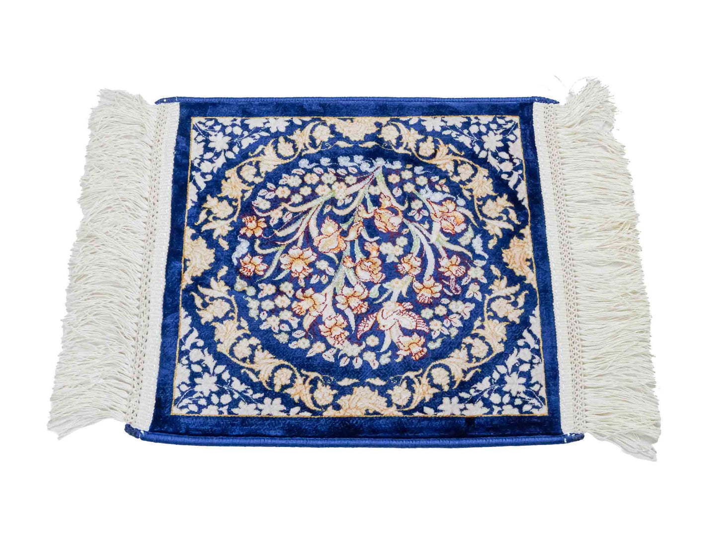 Ghom Maschinenteppich "Bahram" 35 x 35 cm aus pflanzlicher Seide (Viskose) mit floralem Bildmotiv, Marineblau. Teppichnummer: V14NY012M. Persian Luxury Collection by Khademi. Made in Iran / Persia – Vertrieb durch JUPITER Intl.