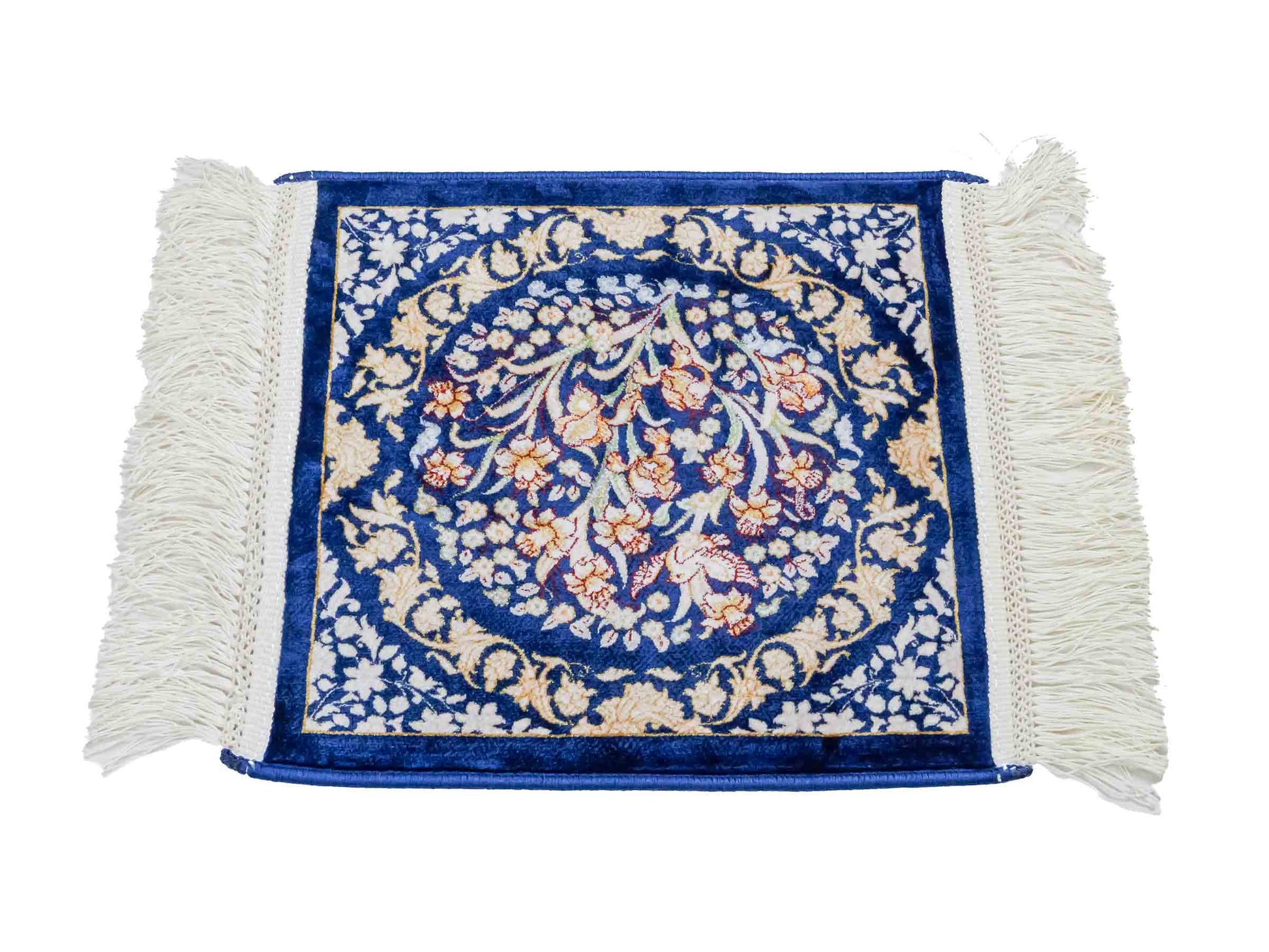 Ghom Maschinenteppich "Bahram" 35 x 35 cm aus pflanzlicher Seide (Viskose) mit floralem Bildmotiv, Marineblau. Teppichnummer: V14NY012M. Persian Luxury Collection by Khademi. Made in Iran / Persia – Vertrieb durch JUPITER Intl.