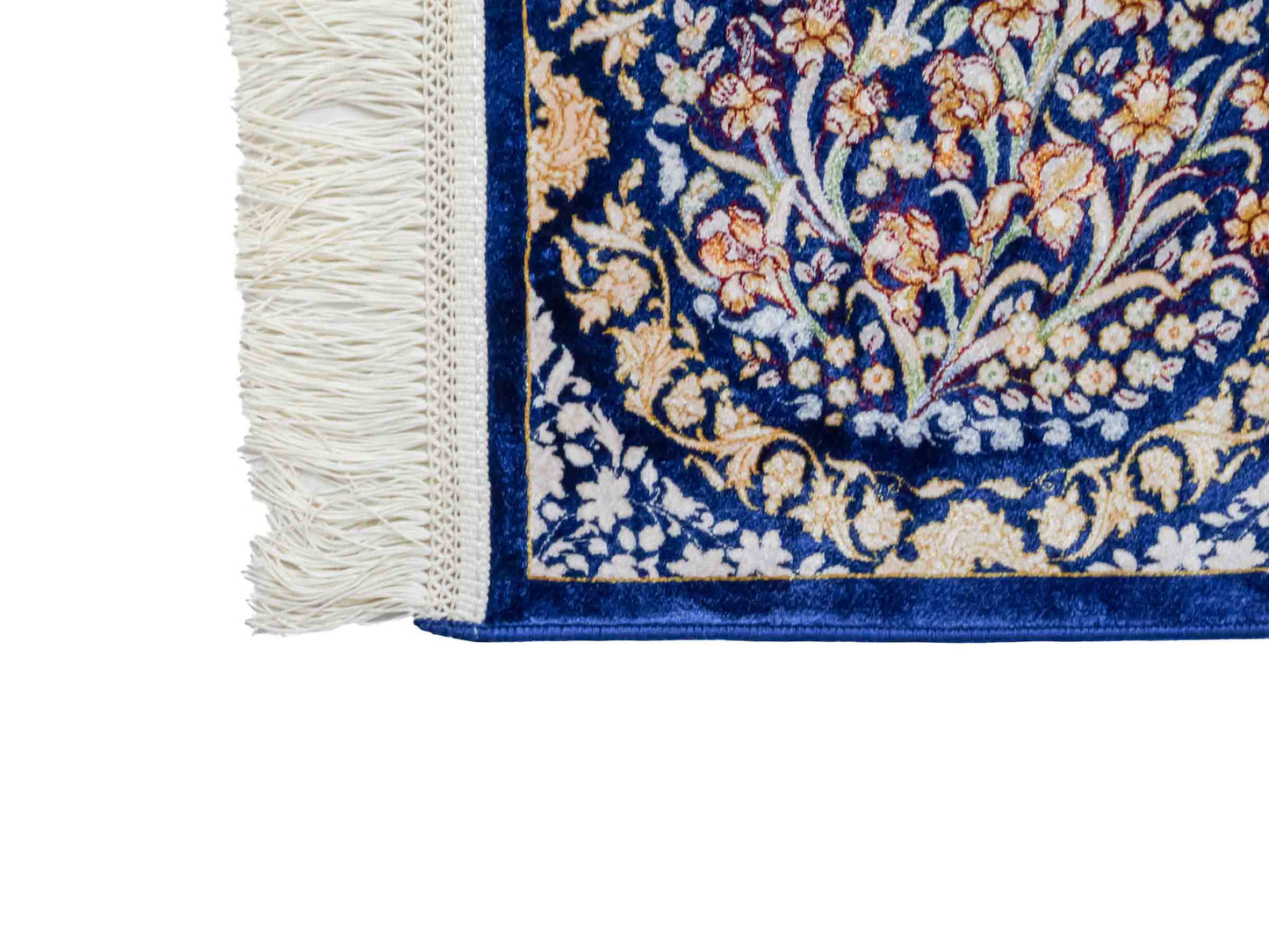 Ghom Maschinenteppich "Bahram" 35 x 35 cm aus pflanzlicher Seide (Viskose) mit floralem Bildmotiv, Marineblau. Teppichnummer: V14NY012M. Persian Luxury Collection by Khademi. Made in Iran / Persia – Vertrieb durch JUPITER Intl.