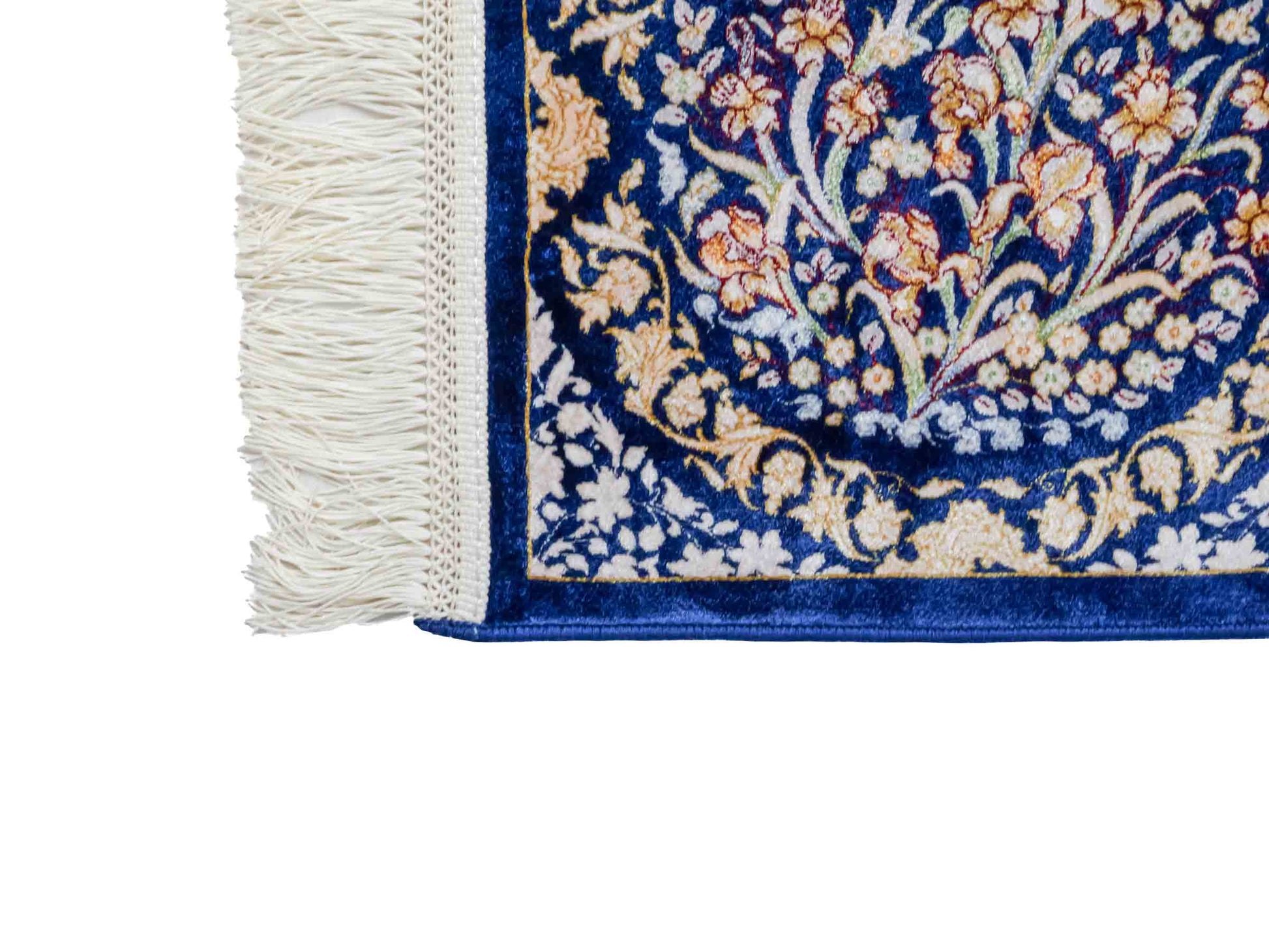 Ghom Maschinenteppich "Bahram" 35 x 35 cm aus pflanzlicher Seide (Viskose) mit floralem Bildmotiv, Marineblau. Teppichnummer: V14NY012M. Persian Luxury Collection by Khademi. Made in Iran / Persia – Vertrieb durch JUPITER Intl.