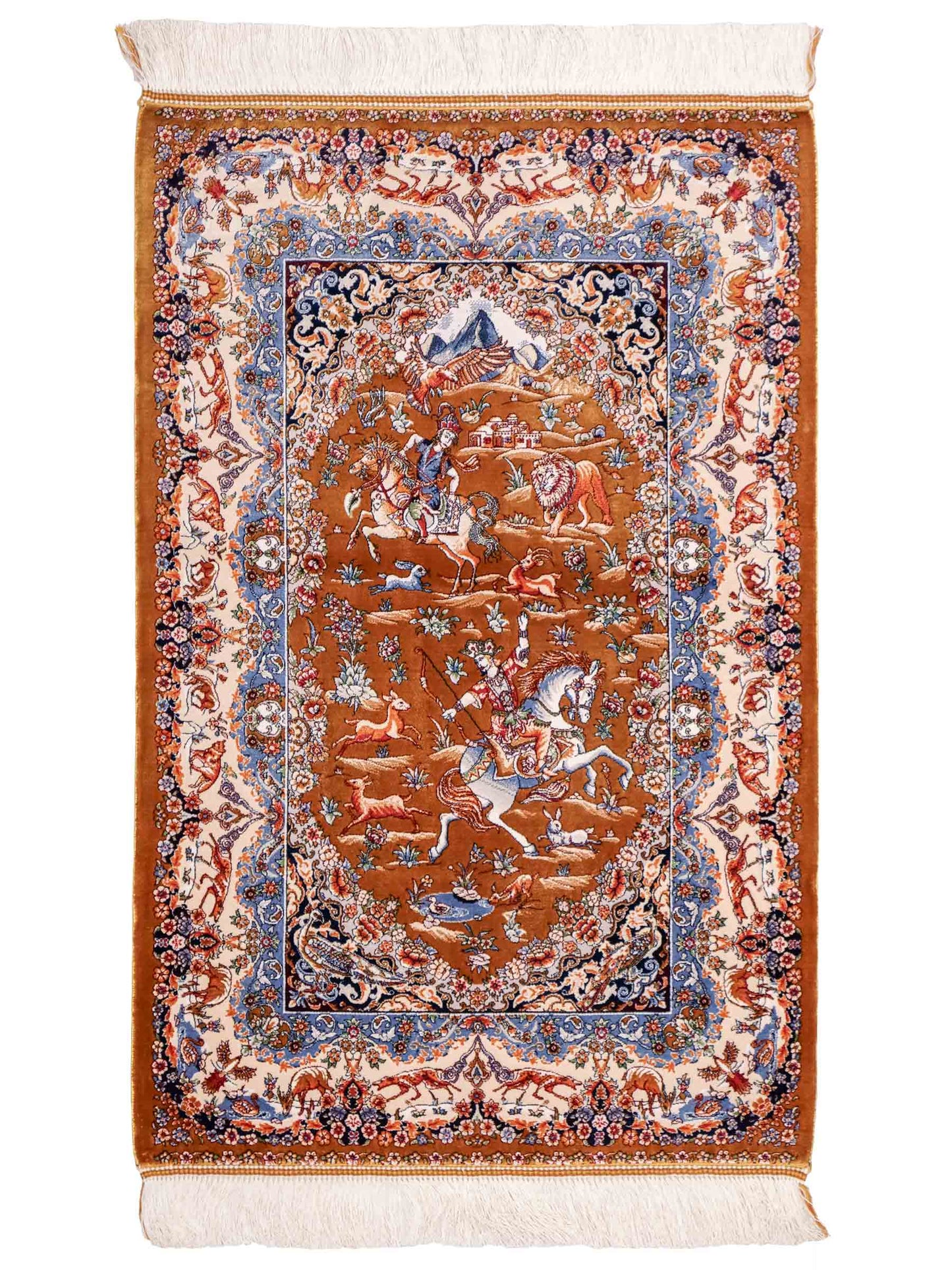 Ghom Maschinenteppich "Banu" 90 x 60 cm aus pflanzlicher Seide (Viskose) mit Jagdmotiv, Gold. Teppichnummer: V13GD054H. Persian Luxury Collection by Khademi. Made in Iran / Persia – Vertrieb durch JUPITER Intl.