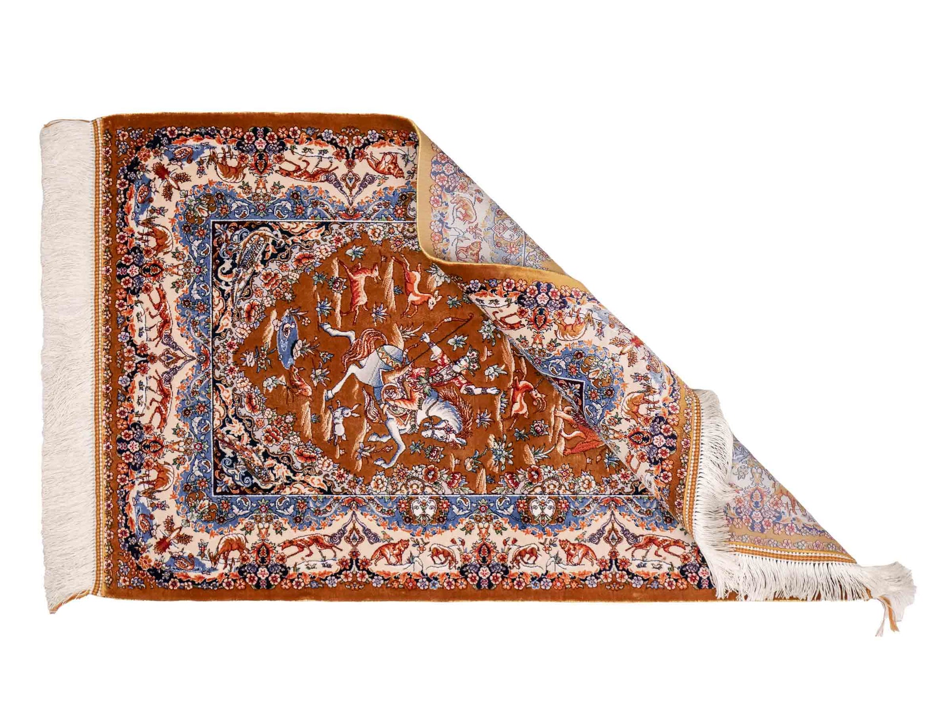 Ghom Maschinenteppich "Banu" 90 x 60 cm aus pflanzlicher Seide (Viskose) mit Jagdmotiv, Gold. Teppichnummer: V13GD054H. Persian Luxury Collection by Khademi. Made in Iran / Persia – Vertrieb durch JUPITER Intl.