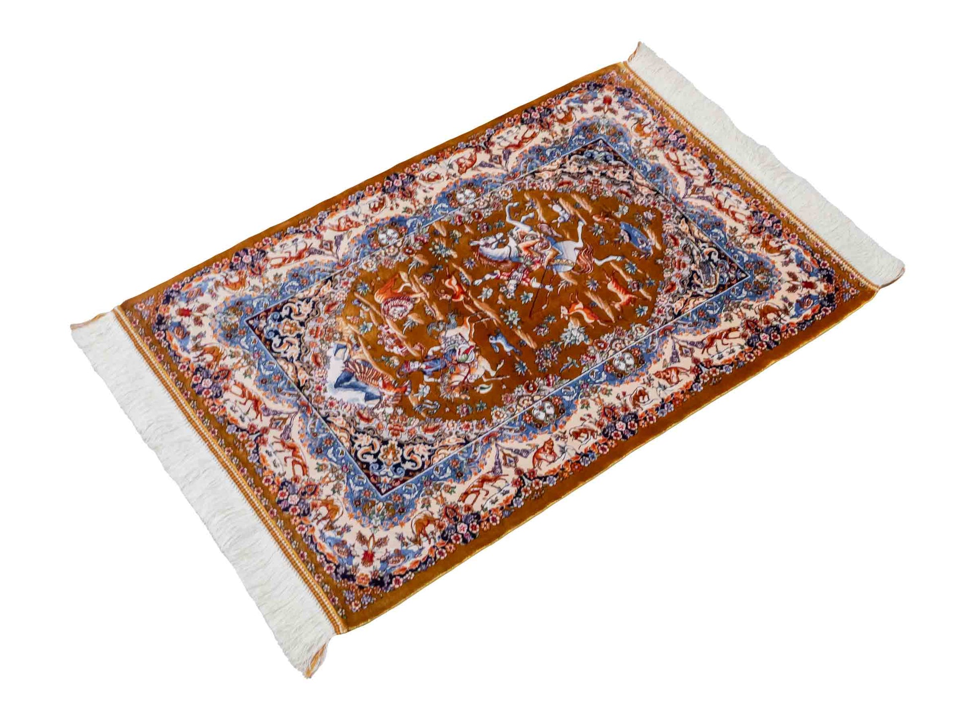 Ghom Maschinenteppich "Banu" 90 x 60 cm aus pflanzlicher Seide (Viskose) mit Jagdmotiv, Gold. Teppichnummer: V13GD054H. Persian Luxury Collection by Khademi. Made in Iran / Persia – Vertrieb durch JUPITER Intl.
