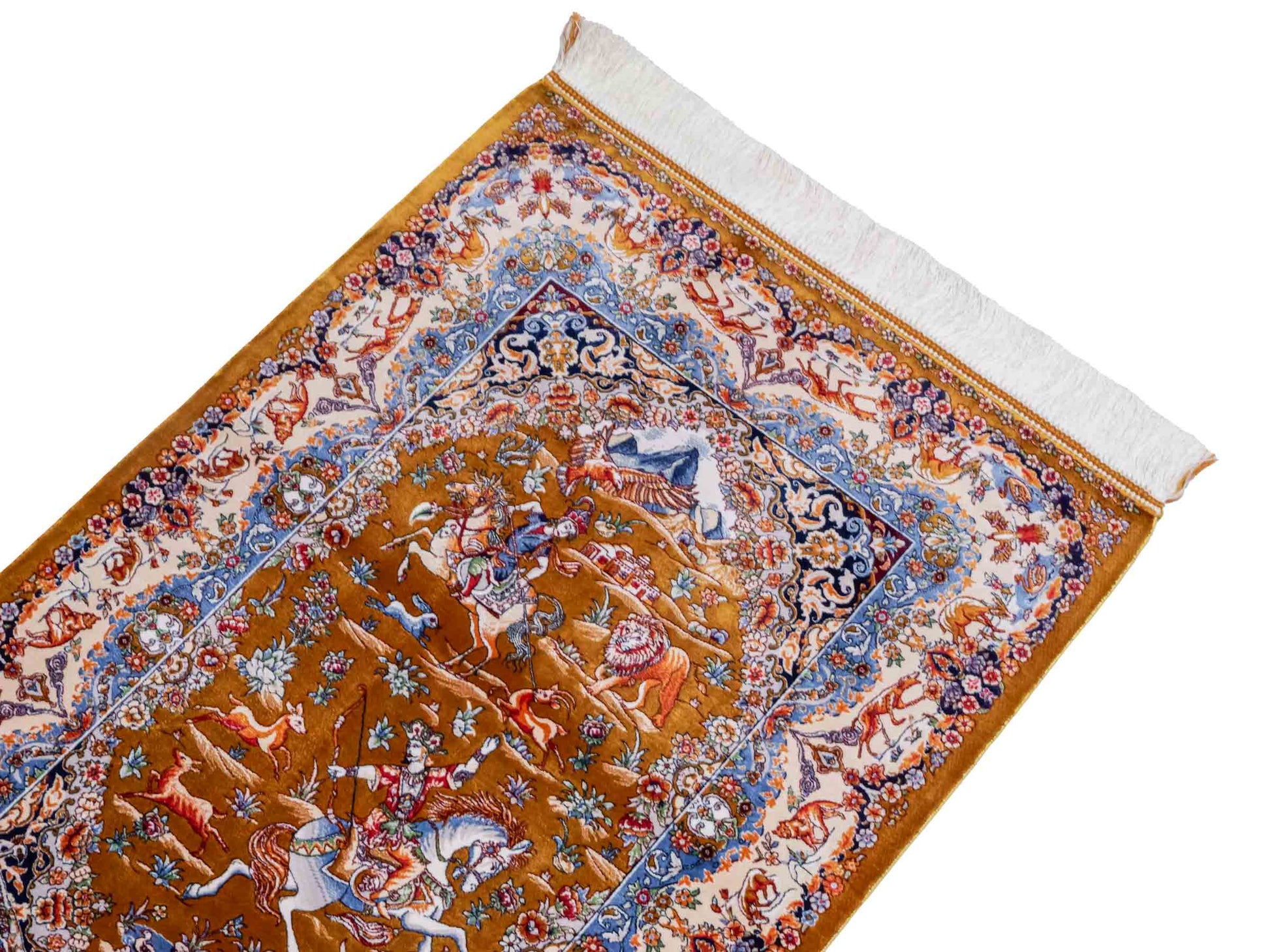 Ghom Maschinenteppich "Banu" 90 x 60 cm aus pflanzlicher Seide (Viskose) mit Jagdmotiv, Gold. Teppichnummer: V13GD054H. Persian Luxury Collection by Khademi. Made in Iran / Persia – Vertrieb durch JUPITER Intl.