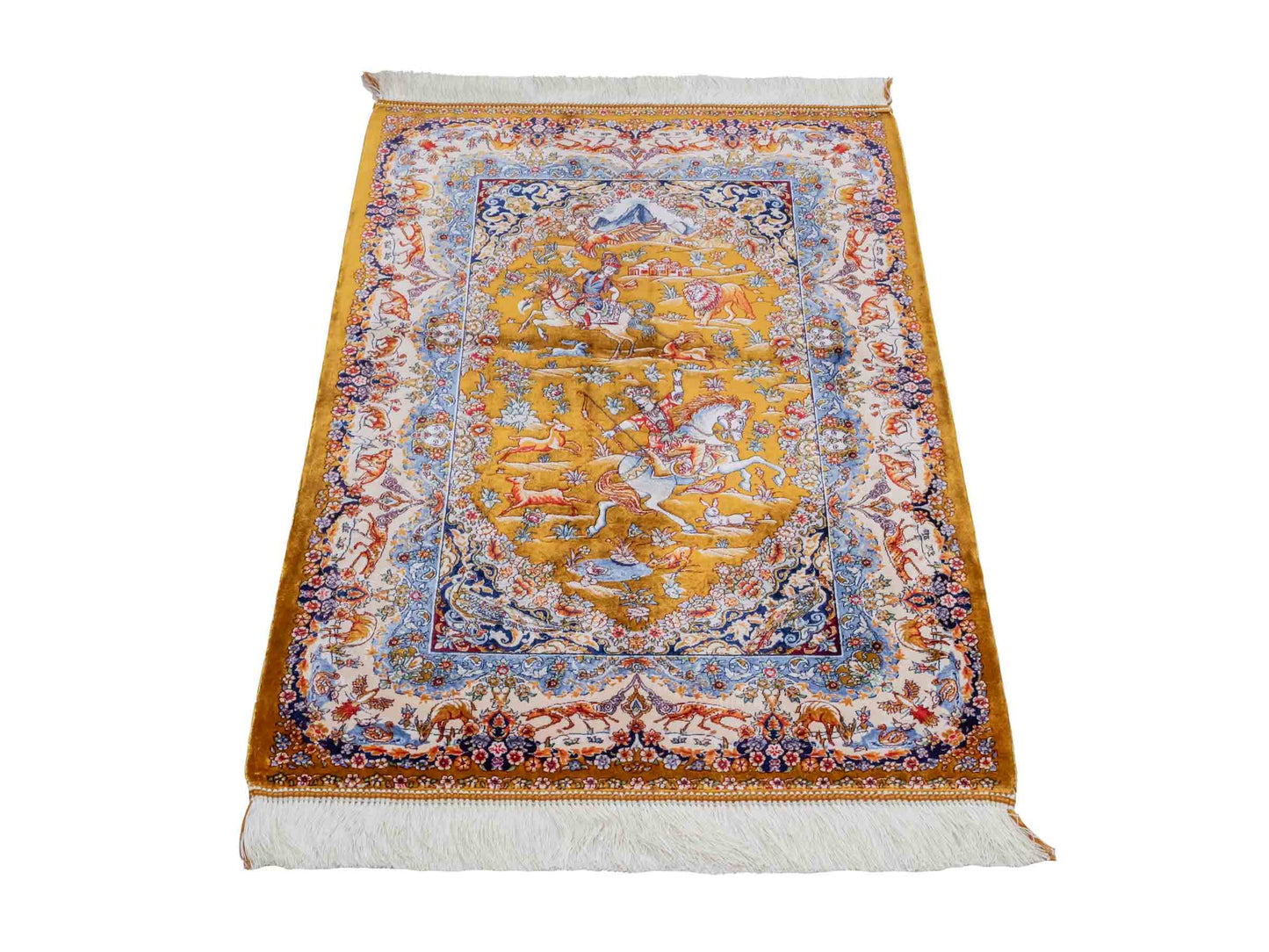 Ghom Maschinenteppich "Banu" 90 x 60 cm aus pflanzlicher Seide (Viskose) mit Jagdmotiv, Gold. Teppichnummer: V13GD054H. Persian Luxury Collection by Khademi. Made in Iran / Persia – Vertrieb durch JUPITER Intl.