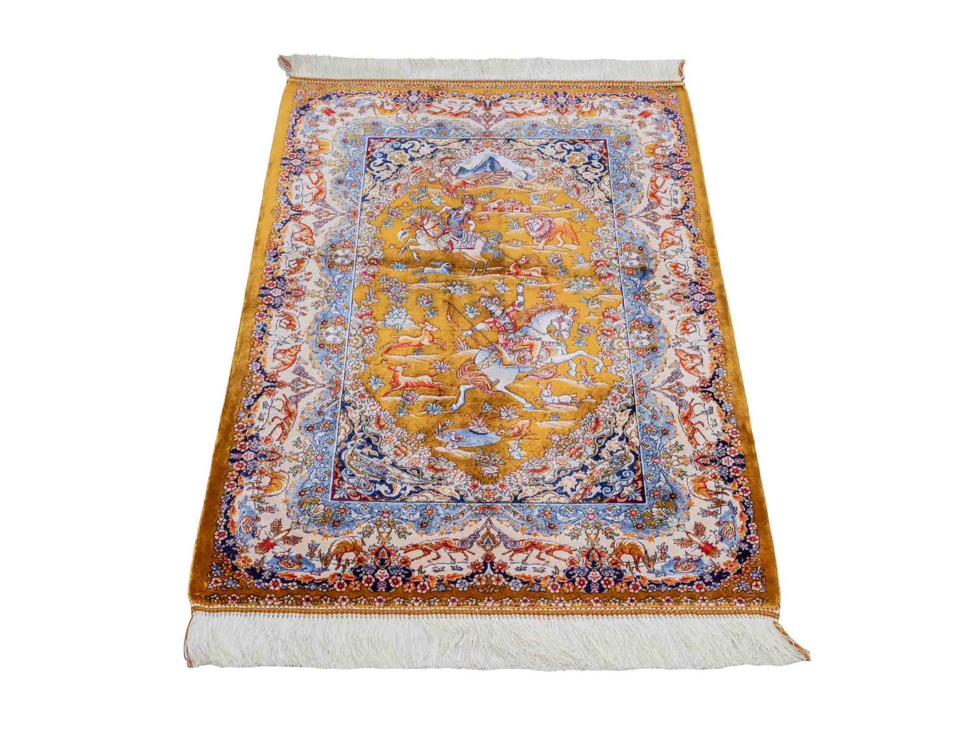 Ghom Maschinenteppich "Banu" 90 x 60 cm aus pflanzlicher Seide (Viskose) mit Jagdmotiv, Gold. Teppichnummer: V13GD054H. Persian Luxury Collection by Khademi. Made in Iran / Persia – Vertrieb durch JUPITER Intl.