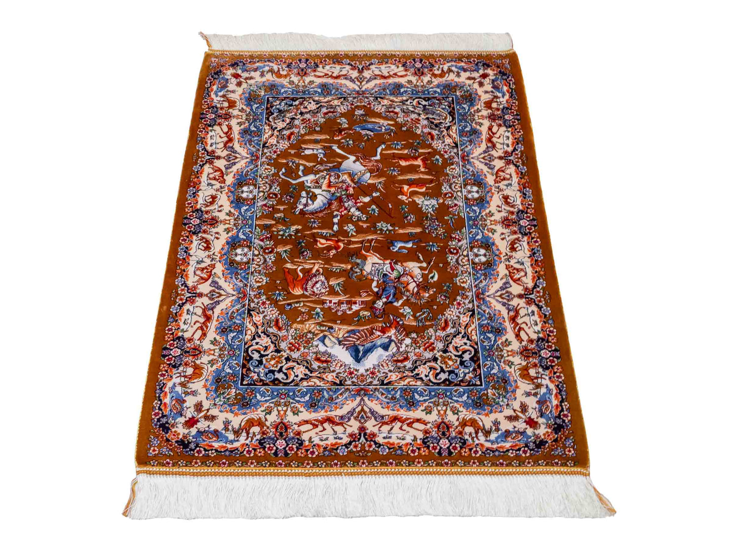 Ghom Maschinenteppich "Banu" 90 x 60 cm aus pflanzlicher Seide (Viskose) mit Jagdmotiv, Gold. Teppichnummer: V13GD054H. Persian Luxury Collection by Khademi. Made in Iran / Persia – Vertrieb durch JUPITER Intl.