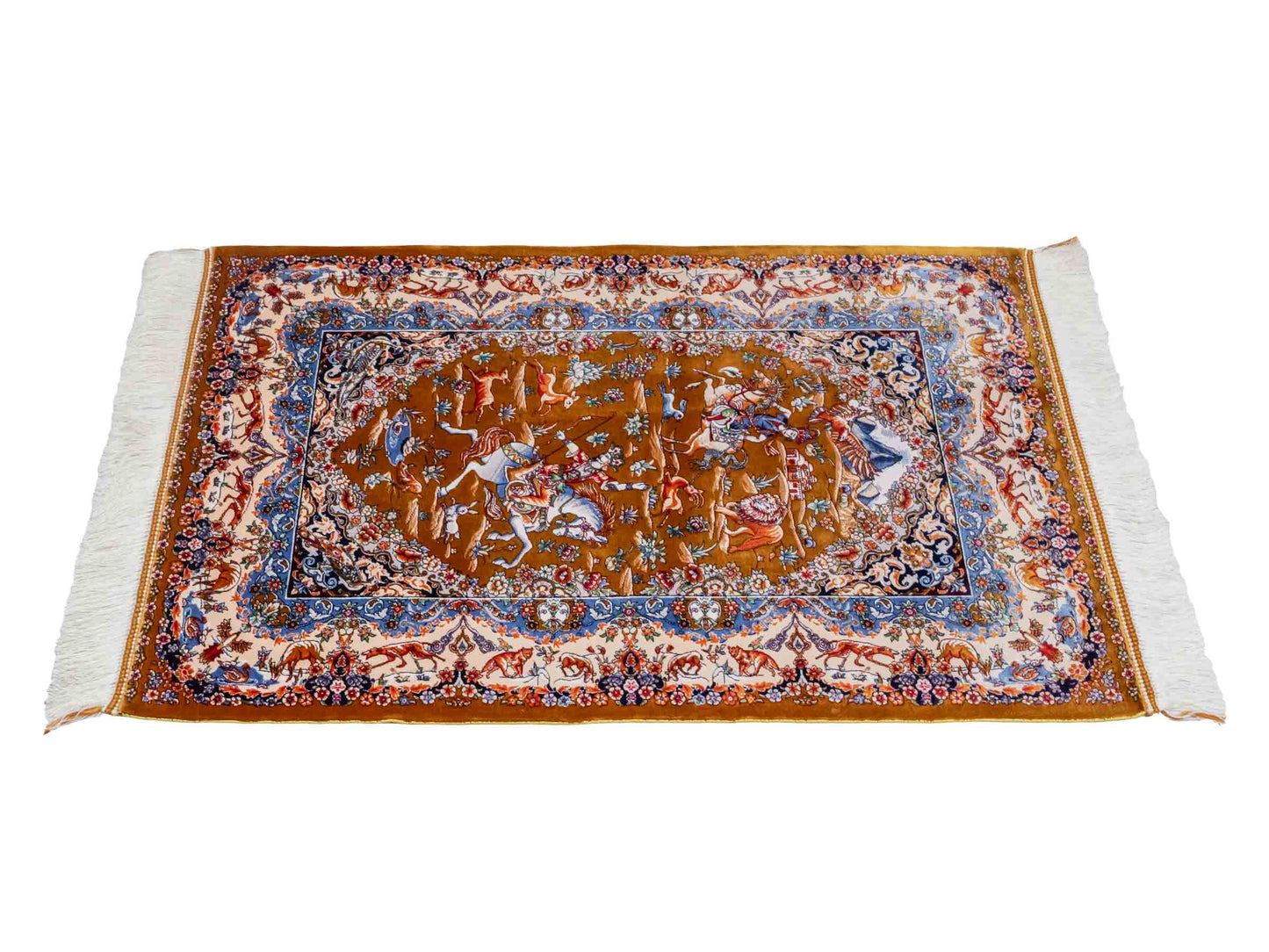 Ghom Maschinenteppich "Banu" 90 x 60 cm aus pflanzlicher Seide (Viskose) mit Jagdmotiv, Gold. Teppichnummer: V13GD054H. Persian Luxury Collection by Khademi. Made in Iran / Persia – Vertrieb durch JUPITER Intl.