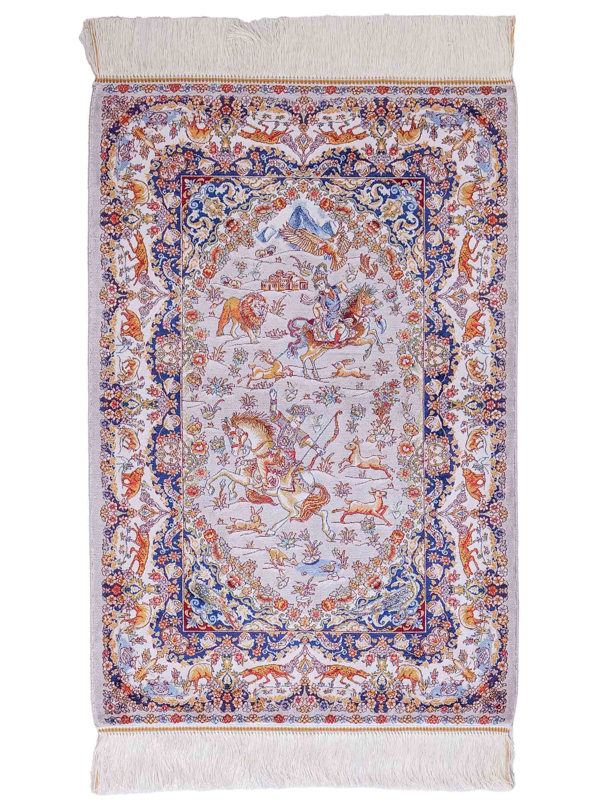 Ghom Maschinenteppich "Banu" 90 x 60 cm, mit Jagdmotiv, Silber-Grau, aus pflanzlicher Seide (Viskose), Hand-Finished. Teppichnummer: V13SV054H. Persian Luxury Collection by Khademi. Made in Iran / Persia – Vertrieb durch JUPITER Intl.