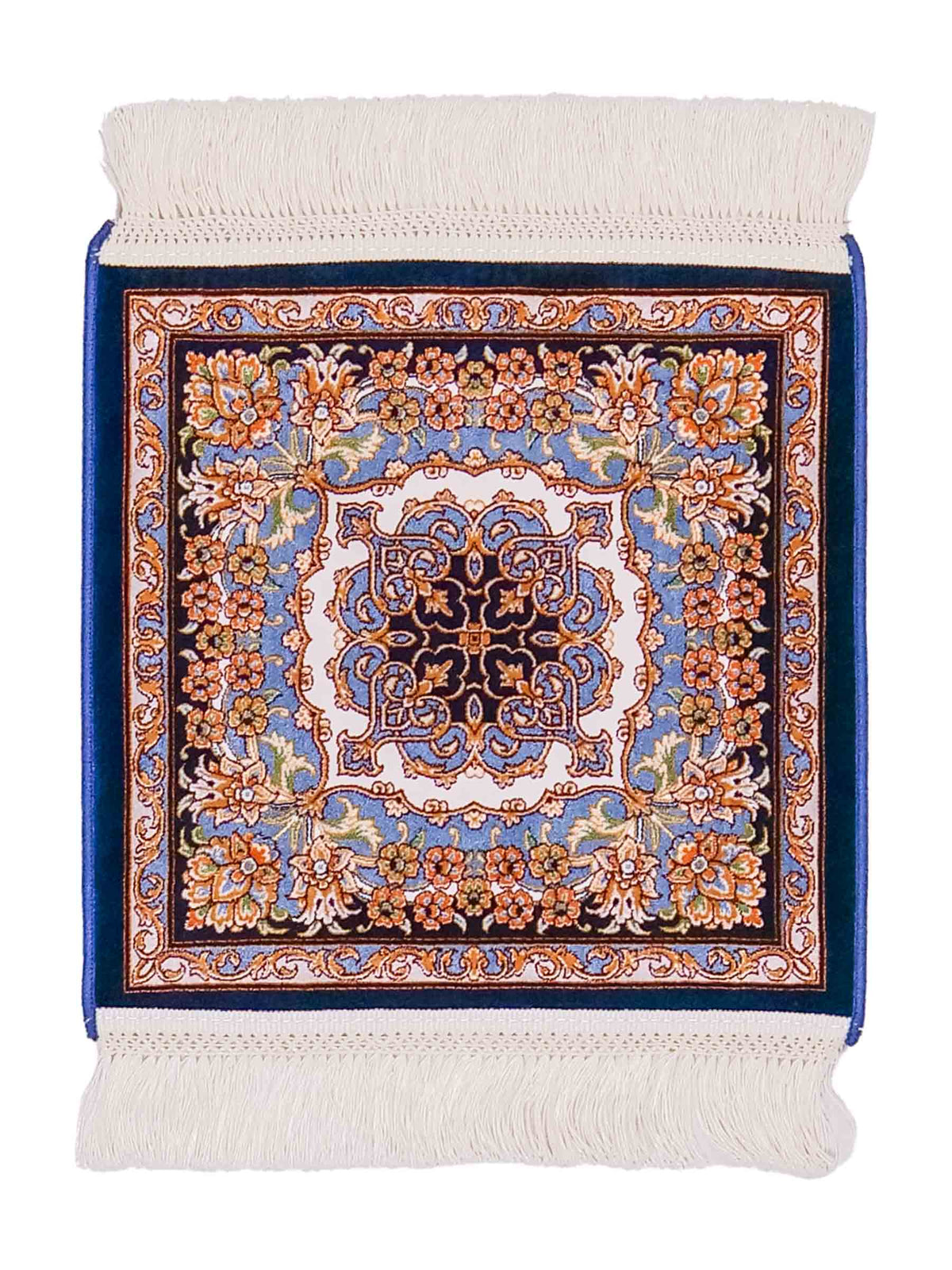 Ghom Maschinenteppich "Behzad" 40 x 40 cm, quadratisch, aus pflanzlicher Seide (Viskose) mit Medaillon, Marineblau. Teppichnummer: V15NY016M. Persian Luxury Collection by Khademi. Made in Iran / Persia – Vertrieb durch JUPITER Intl.