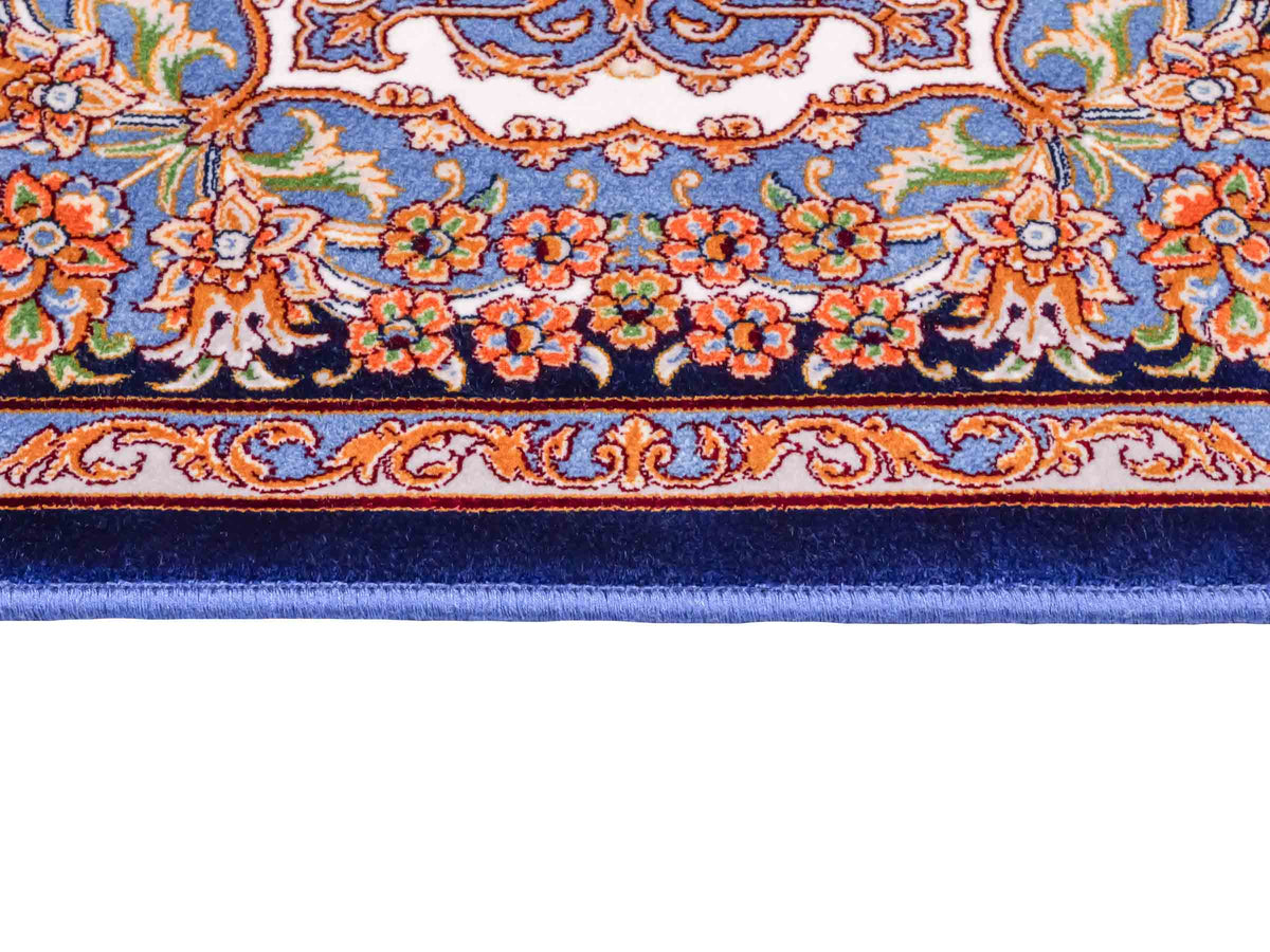 Ghom Maschinenteppich "Behzad" 40 x 40 cm, quadratisch, aus pflanzlicher Seide (Viskose) mit Medaillon, Marineblau. Teppichnummer: V15NY016M. Persian Luxury Collection by Khademi. Made in Iran / Persia – Vertrieb durch JUPITER Intl.