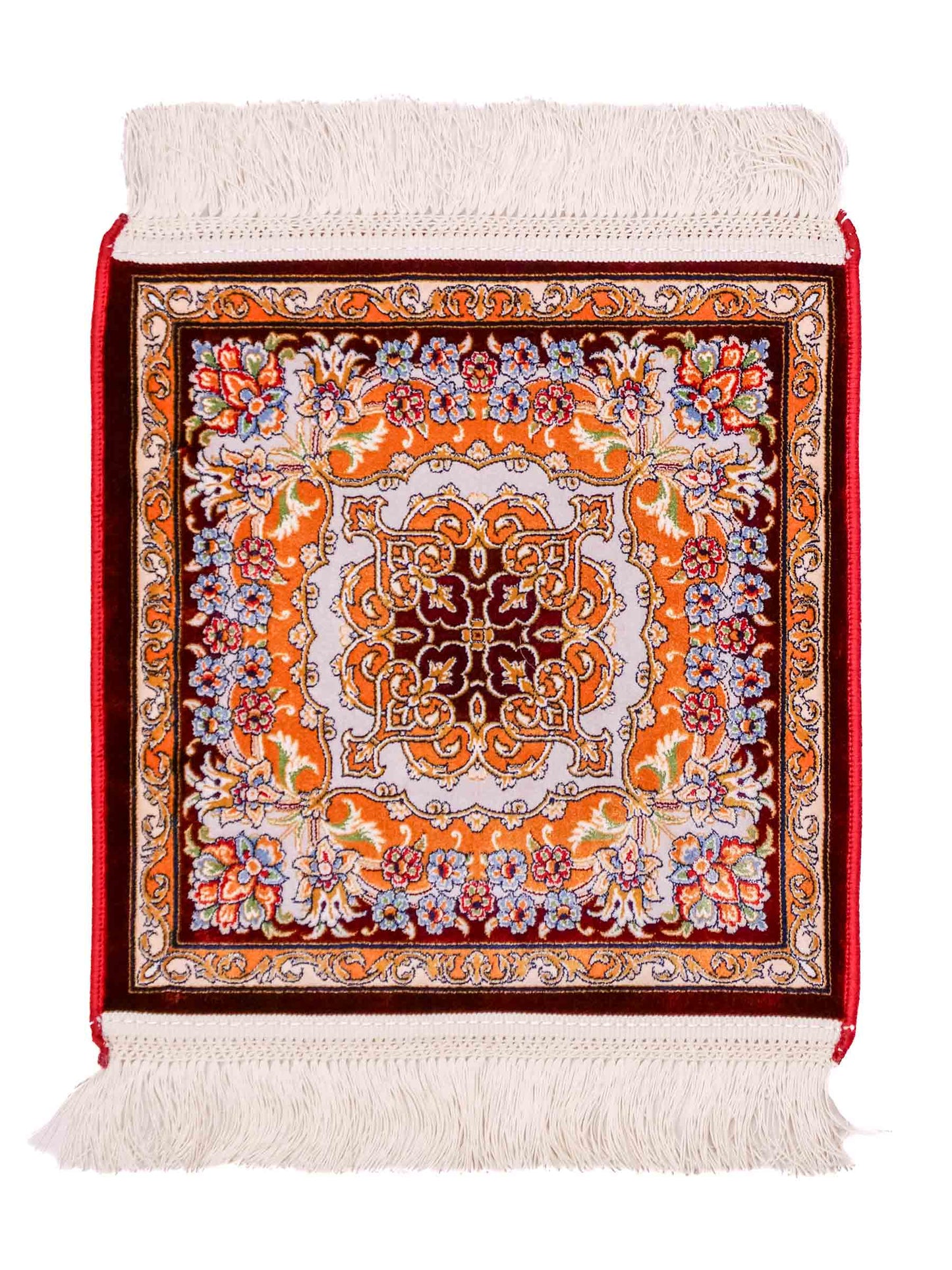 Ghom Maschinenteppich "Behzad" 40 x 40 cm aus pflanzlicher Seide (Viskose) mit Medaillon, Rot. Teppichnummer: V15RD016M. Persian Luxury Collection by Khademi. Made in Iran / Persia – Vertrieb durch JUPITER Intl.
