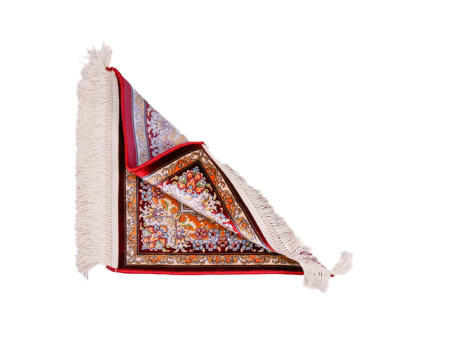 Ghom Maschinenteppich "Behzad" 40 x 40 cm aus pflanzlicher Seide (Viskose) mit Medaillon, Rot. Teppichnummer: V15RD016M. Persian Luxury Collection by Khademi. Made in Iran / Persia – Vertrieb durch JUPITER Intl.