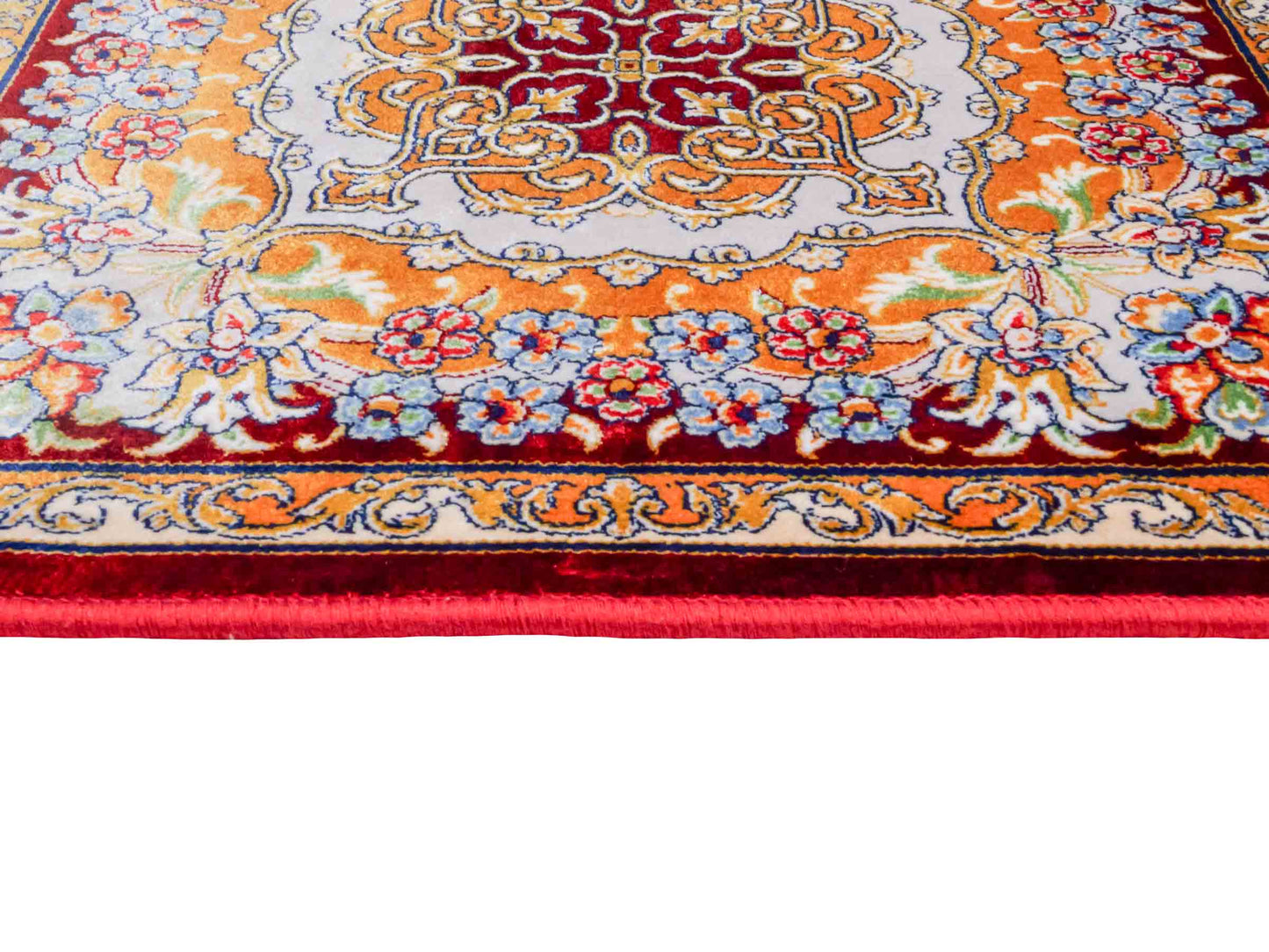Ghom Maschinenteppich "Behzad" 40 x 40 cm aus pflanzlicher Seide (Viskose) mit Medaillon, Rot. Teppichnummer: V15RD016M. Persian Luxury Collection by Khademi. Made in Iran / Persia – Vertrieb durch JUPITER Intl.