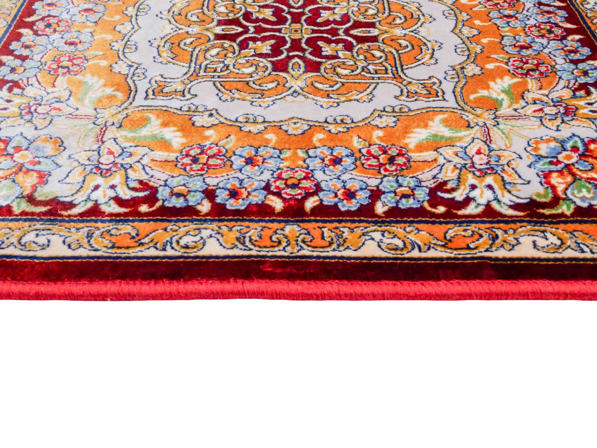 Ghom Maschinenteppich "Behzad" 40 x 40 cm aus pflanzlicher Seide (Viskose) mit Medaillon, Rot. Teppichnummer: V15RD016M. Persian Luxury Collection by Khademi. Made in Iran / Persia – Vertrieb durch JUPITER Intl.