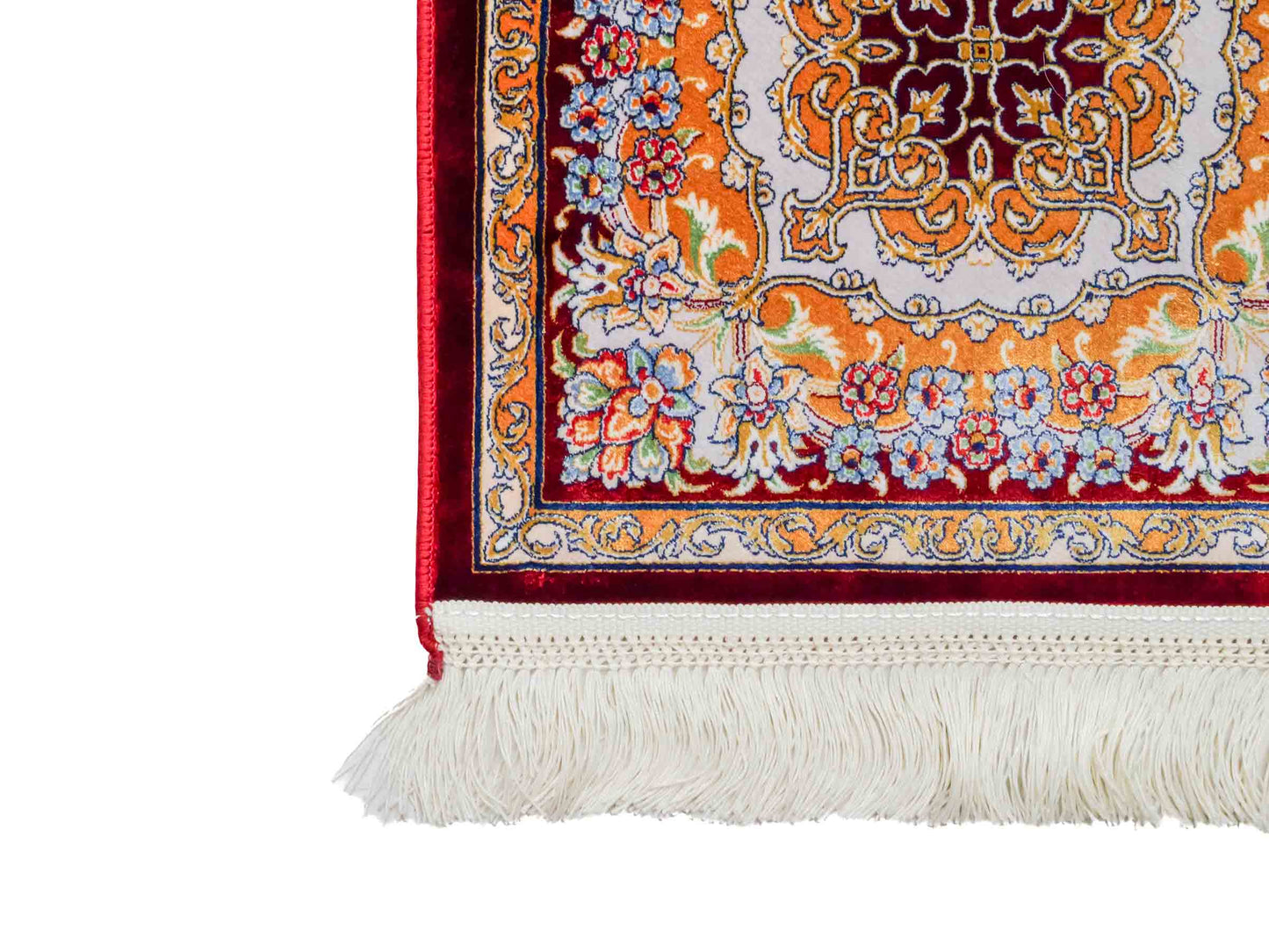 Ghom Maschinenteppich "Behzad" 40 x 40 cm aus pflanzlicher Seide (Viskose) mit Medaillon, Rot. Teppichnummer: V15RD016M. Persian Luxury Collection by Khademi. Made in Iran / Persia – Vertrieb durch JUPITER Intl.