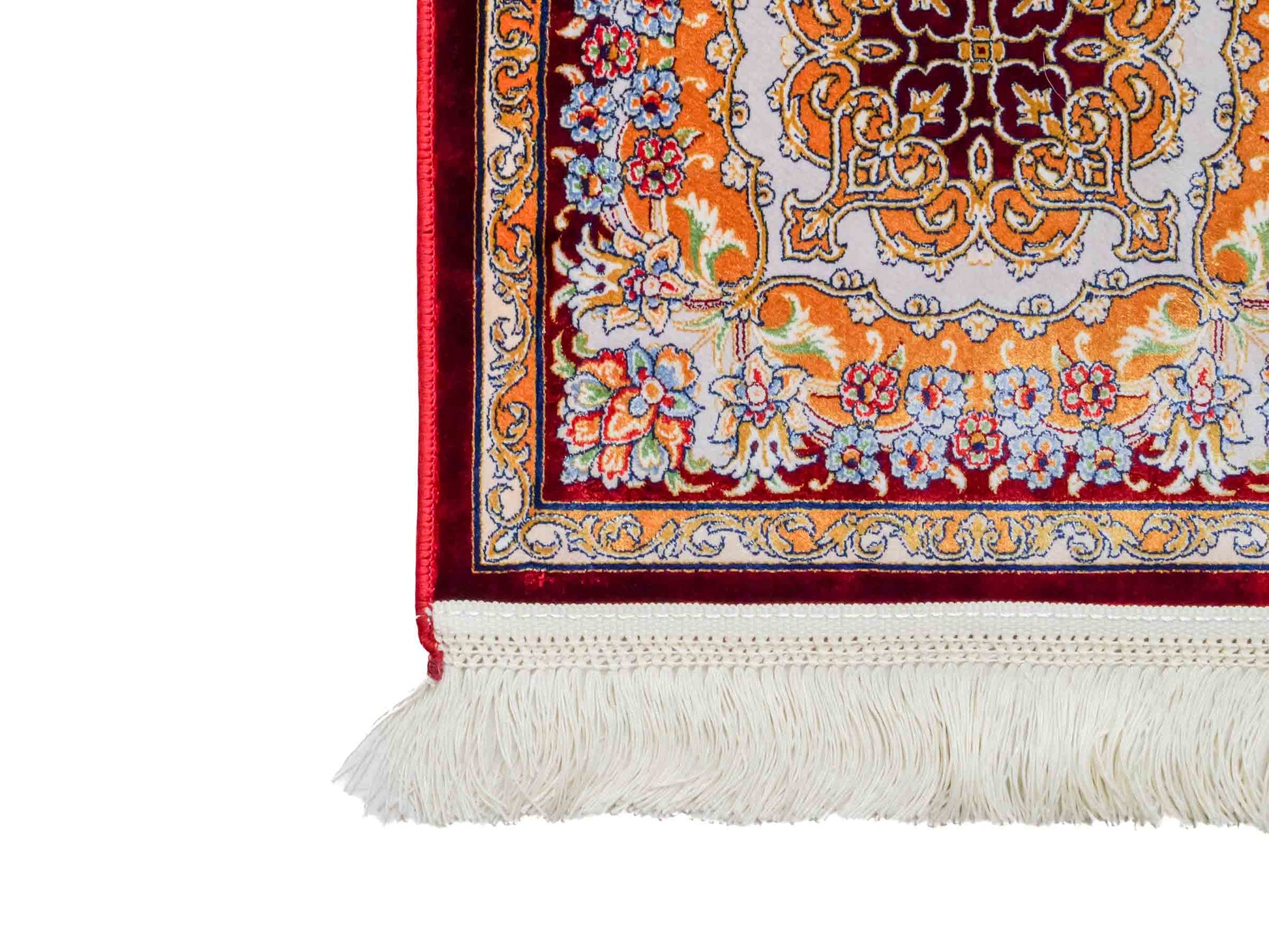 Ghom Maschinenteppich "Behzad" 40 x 40 cm aus pflanzlicher Seide (Viskose) mit Medaillon, Rot. Teppichnummer: V15RD016M. Persian Luxury Collection by Khademi. Made in Iran / Persia – Vertrieb durch JUPITER Intl.