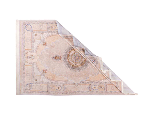 Ghom Maschinenteppich "Bijan" 300 x 200 cm, mit Medaillon, aus pflanzlicher Seide (Viskose), Silber-Grau-Gold. Teppichnummer: V16SV600H. Persian Luxury Collection by Khademi. Made in Iran / Persia – Vertrieb durch JUPITER Intl.