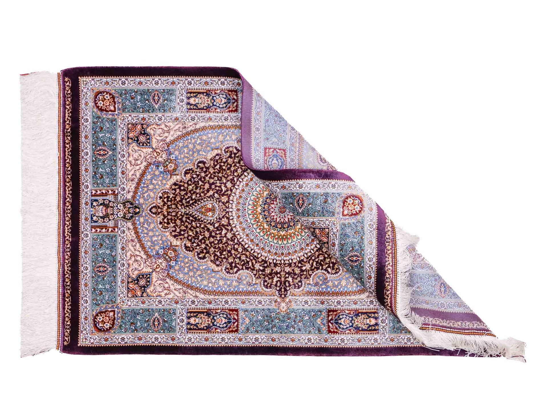 Ghom Maschinenteppich "Bijan" 90 x 60 cm aus pflanzlicher Seide (Viskose) mit Medaillon, Lila / Violett. Teppichnummer: V16AE054H. Persian Luxury Collection by Khademi. Made in Iran / Persia – Vertrieb durch JUPITER Intl.