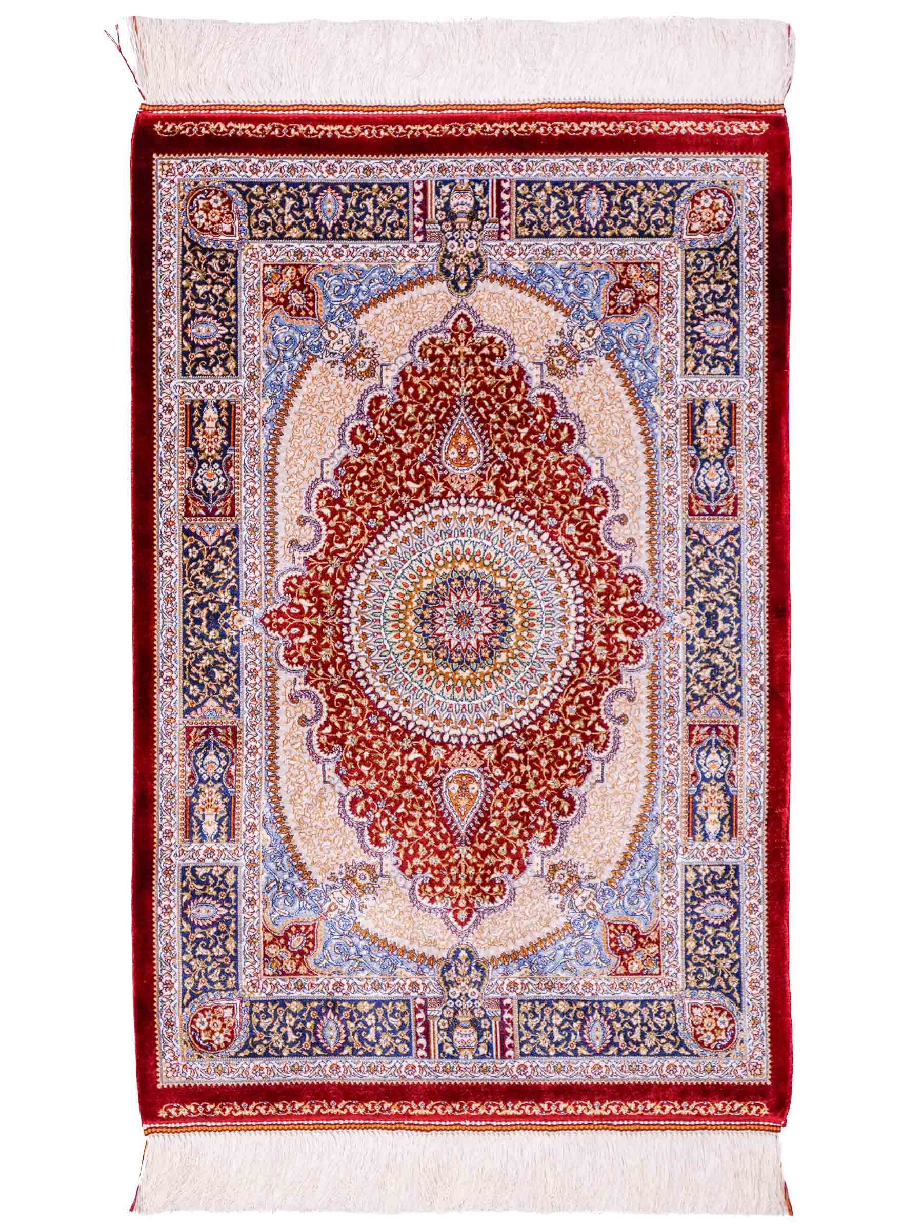 Ghom Maschinenteppich "Bijan" 90 x 60 cm aus pflanzlicher Seide (Viskose) mit Medaillon, Rot. Teppichnummer: V16RD054H. Persian Luxury Collection by Khademi. Made in Iran / Persia – Vertrieb durch JUPITER Intl.