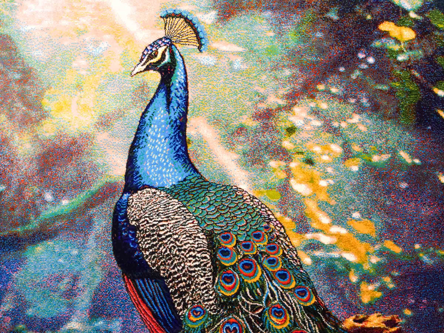 Ghom Maschinenteppich "Blauer Pfau" 90 x 60 cm aus pflanzlicher Seide (Viskose) mit Bildmotiv, Schwarz, Grün. Teppichnummer: V58MC054H. Persian Luxury Collection by Khademi. Made in Iran / Persia – Vertrieb durch JUPITER Intl.