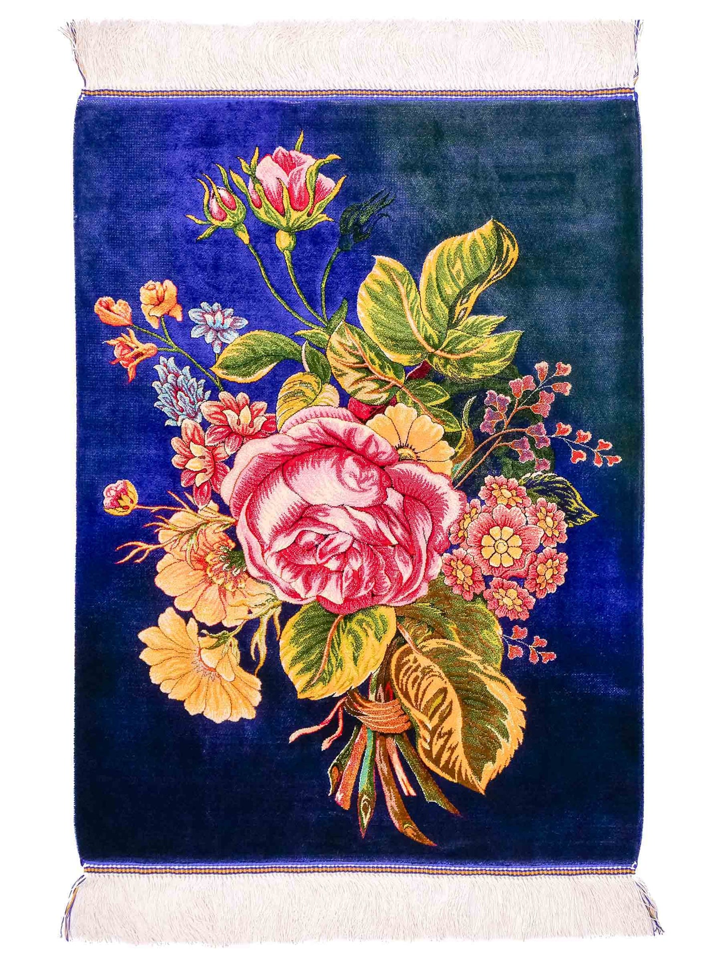 Ghom Maschinenteppich "Blumen & Rosen" 80 x 60 cm aus pflanzlicher Seide (Viskose) mit Bildmotiv, Blau, Grün. Teppichnummer: V57MC048H. Persian Luxury Collection by Khademi. Made in Iran / Persia – Vertrieb durch JUPITER Intl.