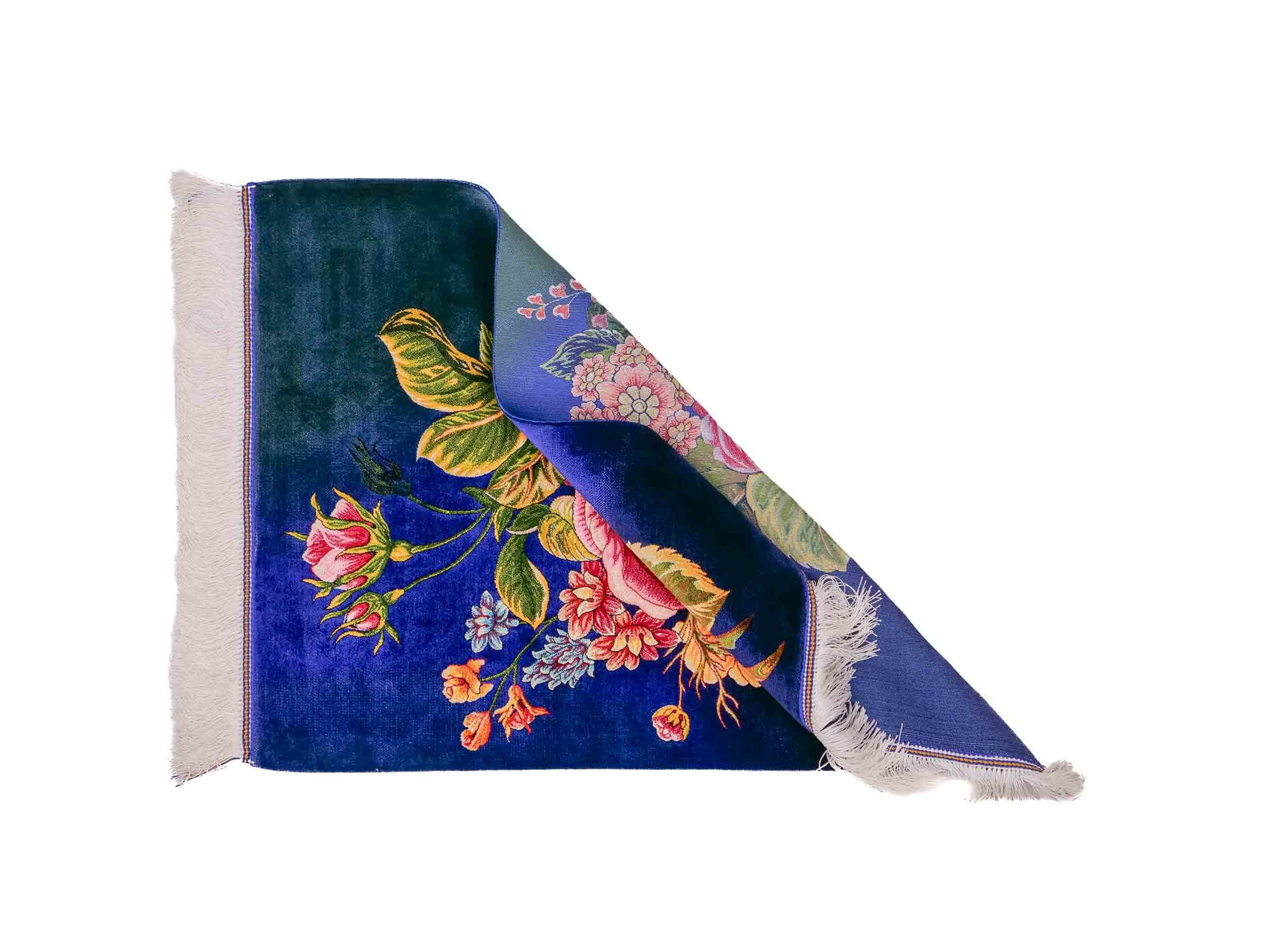 Ghom Maschinenteppich "Blumen & Rosen" 80 x 60 cm aus pflanzlicher Seide (Viskose) mit Bildmotiv, Blau, Grün. Teppichnummer: V57MC048H. Persian Luxury Collection by Khademi. Made in Iran / Persia – Vertrieb durch JUPITER Intl.