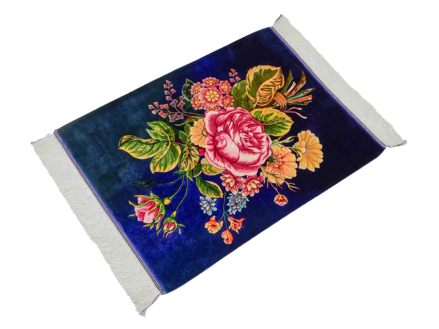 Ghom Maschinenteppich "Blumen & Rosen" 80 x 60 cm aus pflanzlicher Seide (Viskose) mit Bildmotiv, Blau, Grün. Teppichnummer: V57MC048H. Persian Luxury Collection by Khademi. Made in Iran / Persia – Vertrieb durch JUPITER Intl.
