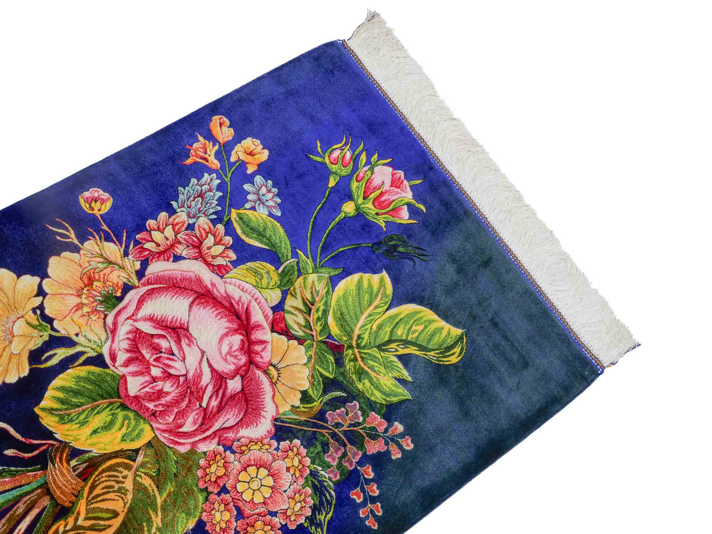Ghom Maschinenteppich "Blumen & Rosen" 80 x 60 cm aus pflanzlicher Seide (Viskose) mit Bildmotiv, Blau, Grün. Teppichnummer: V57MC048H. Persian Luxury Collection by Khademi. Made in Iran / Persia – Vertrieb durch JUPITER Intl.