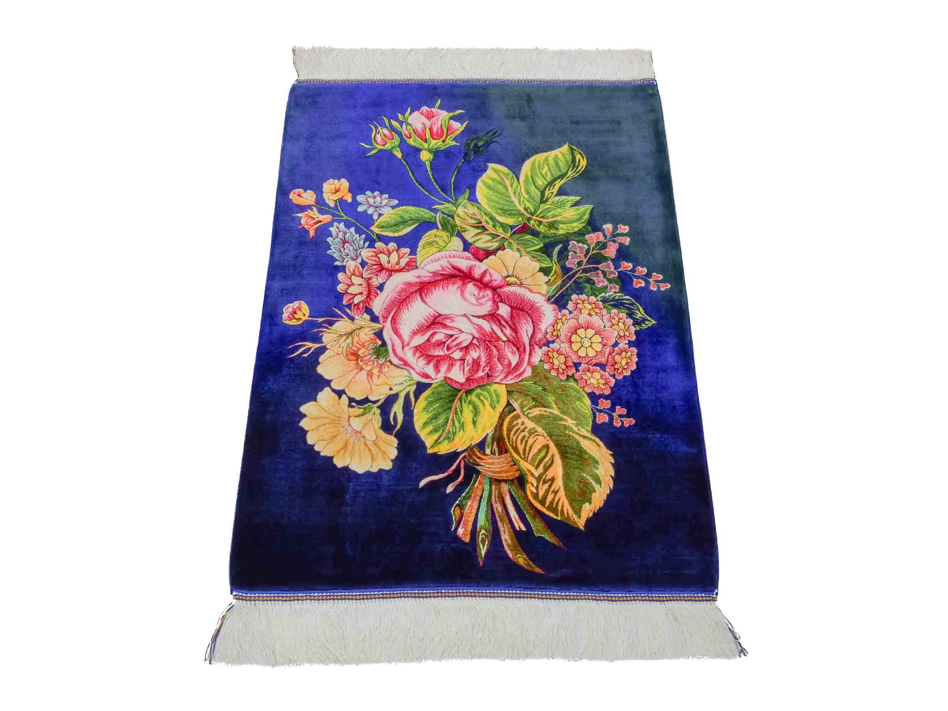 Ghom Maschinenteppich "Blumen & Rosen" 80 x 60 cm aus pflanzlicher Seide (Viskose) mit Bildmotiv, Blau, Grün. Teppichnummer: V57MC048H. Persian Luxury Collection by Khademi. Made in Iran / Persia – Vertrieb durch JUPITER Intl.