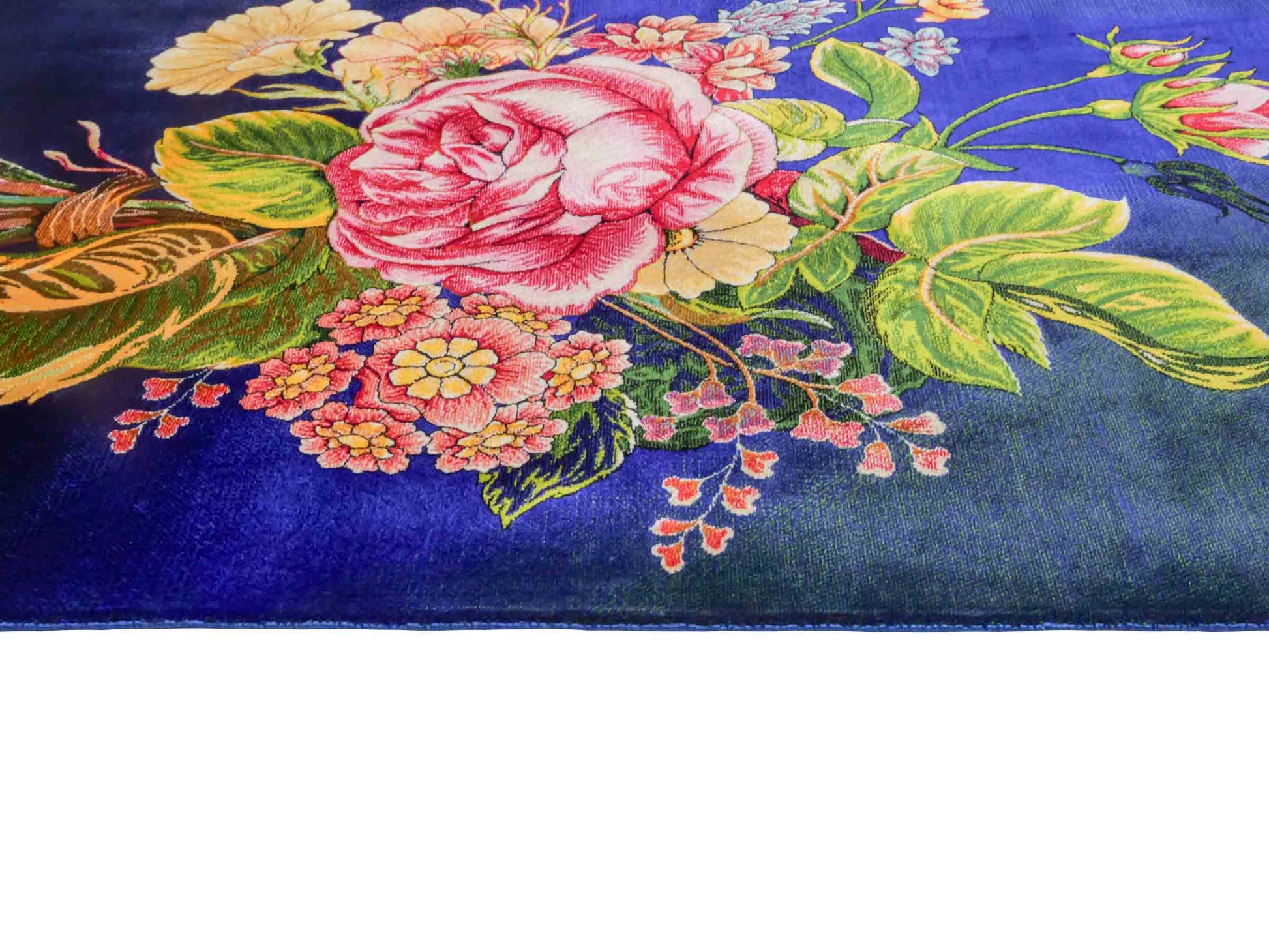 Ghom Maschinenteppich "Blumen & Rosen" 80 x 60 cm aus pflanzlicher Seide (Viskose) mit Bildmotiv, Blau, Grün. Teppichnummer: V57MC048H. Persian Luxury Collection by Khademi. Made in Iran / Persia – Vertrieb durch JUPITER Intl.