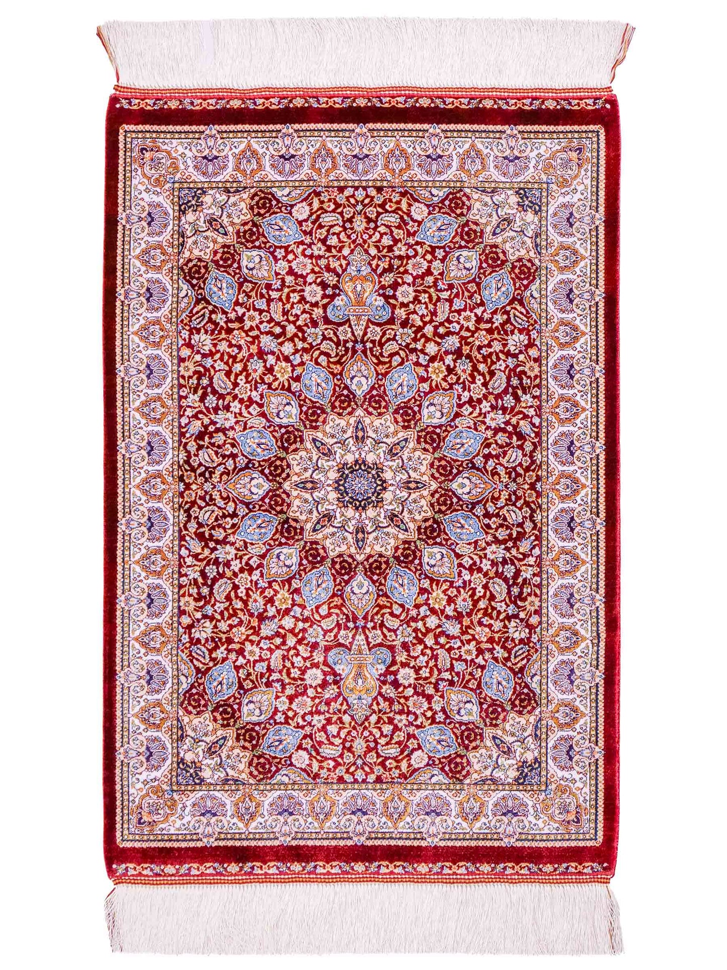 Ghom Maschinenteppich "Borzin" 90 x 60 cm aus pflanzlicher Seide (Viskose) mit Medaillon, Rot. Teppichnummer: V17RD054H. Persian Luxury Collection by Khademi. Made in Iran / Persia – Vertrieb durch JUPITER Intl.