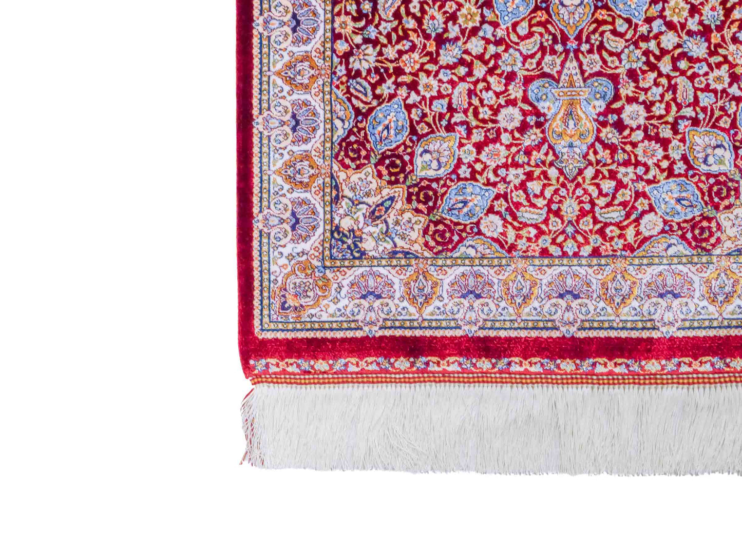 Ghom Maschinenteppich "Borzin" 90 x 60 cm aus pflanzlicher Seide (Viskose) mit Medaillon, Rot. Teppichnummer: V17RD054H. Persian Luxury Collection by Khademi. Made in Iran / Persia – Vertrieb durch JUPITER Intl.