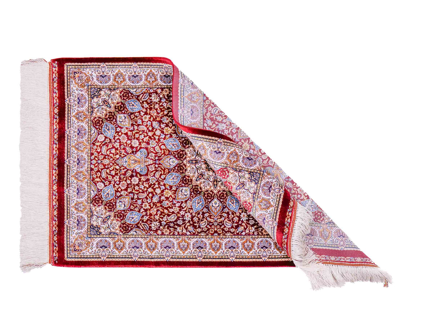 Ghom Maschinenteppich "Borzin" 90 x 60 cm aus pflanzlicher Seide (Viskose) mit Medaillon, Rot. Teppichnummer: V17RD054H. Persian Luxury Collection by Khademi. Made in Iran / Persia – Vertrieb durch JUPITER Intl.
