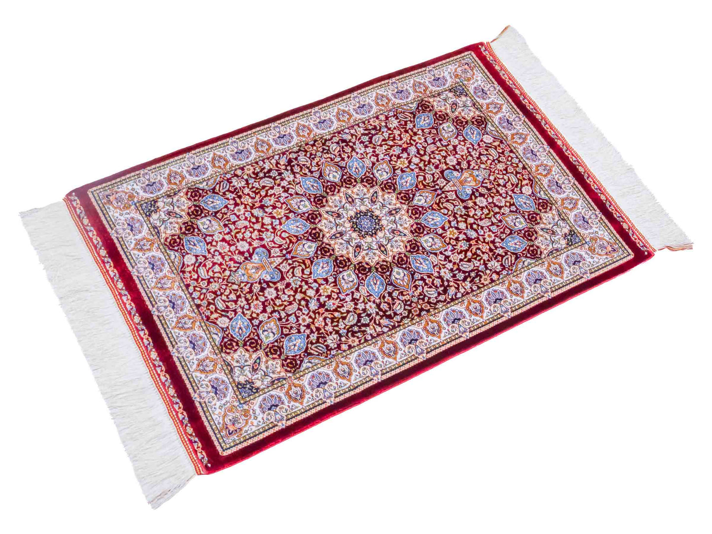 Ghom Maschinenteppich "Borzin" 90 x 60 cm aus pflanzlicher Seide (Viskose) mit Medaillon, Rot. Teppichnummer: V17RD054H. Persian Luxury Collection by Khademi. Made in Iran / Persia – Vertrieb durch JUPITER Intl.