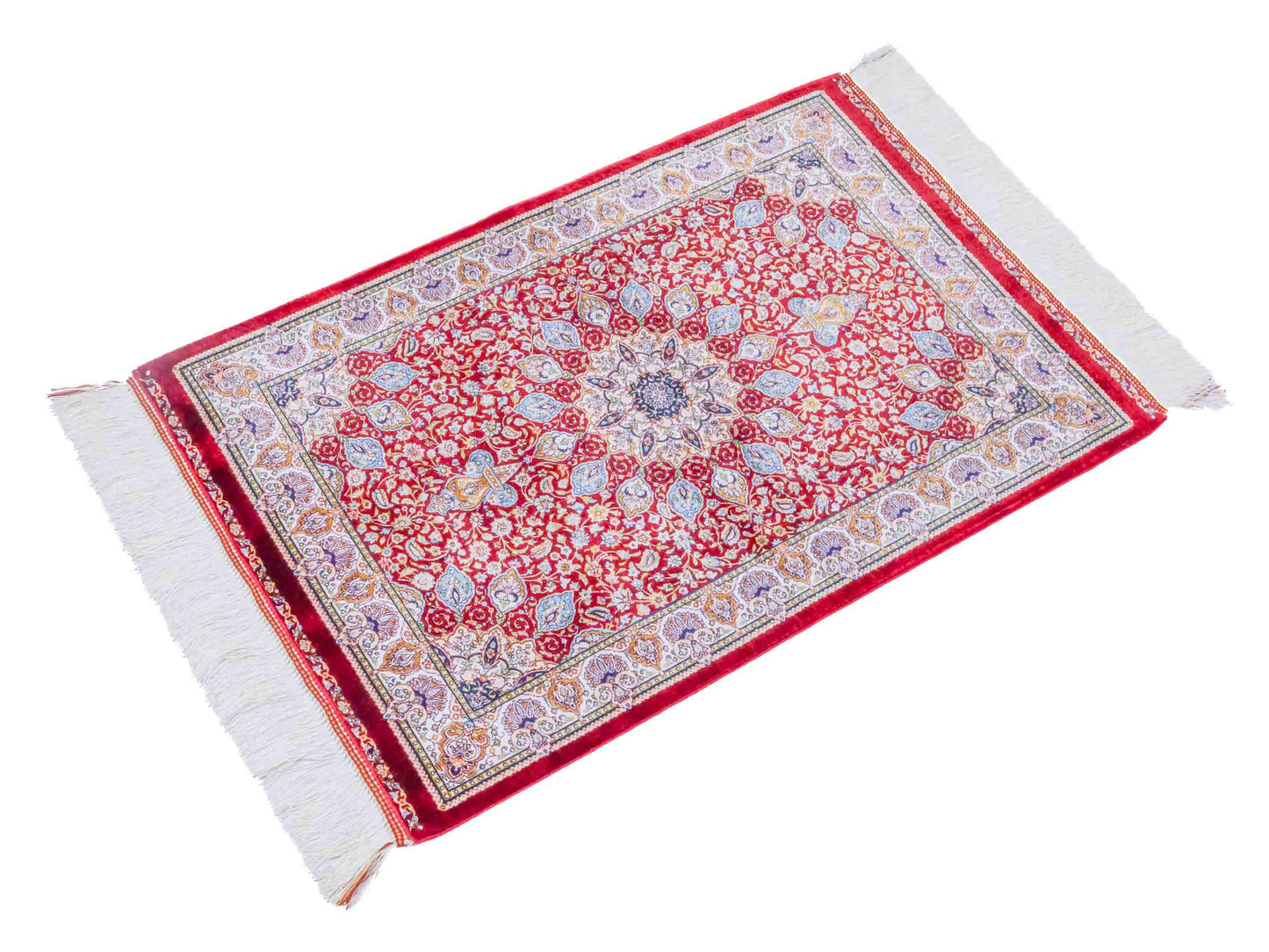 Ghom Maschinenteppich "Borzin" 90 x 60 cm aus pflanzlicher Seide (Viskose) mit Medaillon, Rot. Teppichnummer: V17RD054H. Persian Luxury Collection by Khademi. Made in Iran / Persia – Vertrieb durch JUPITER Intl.