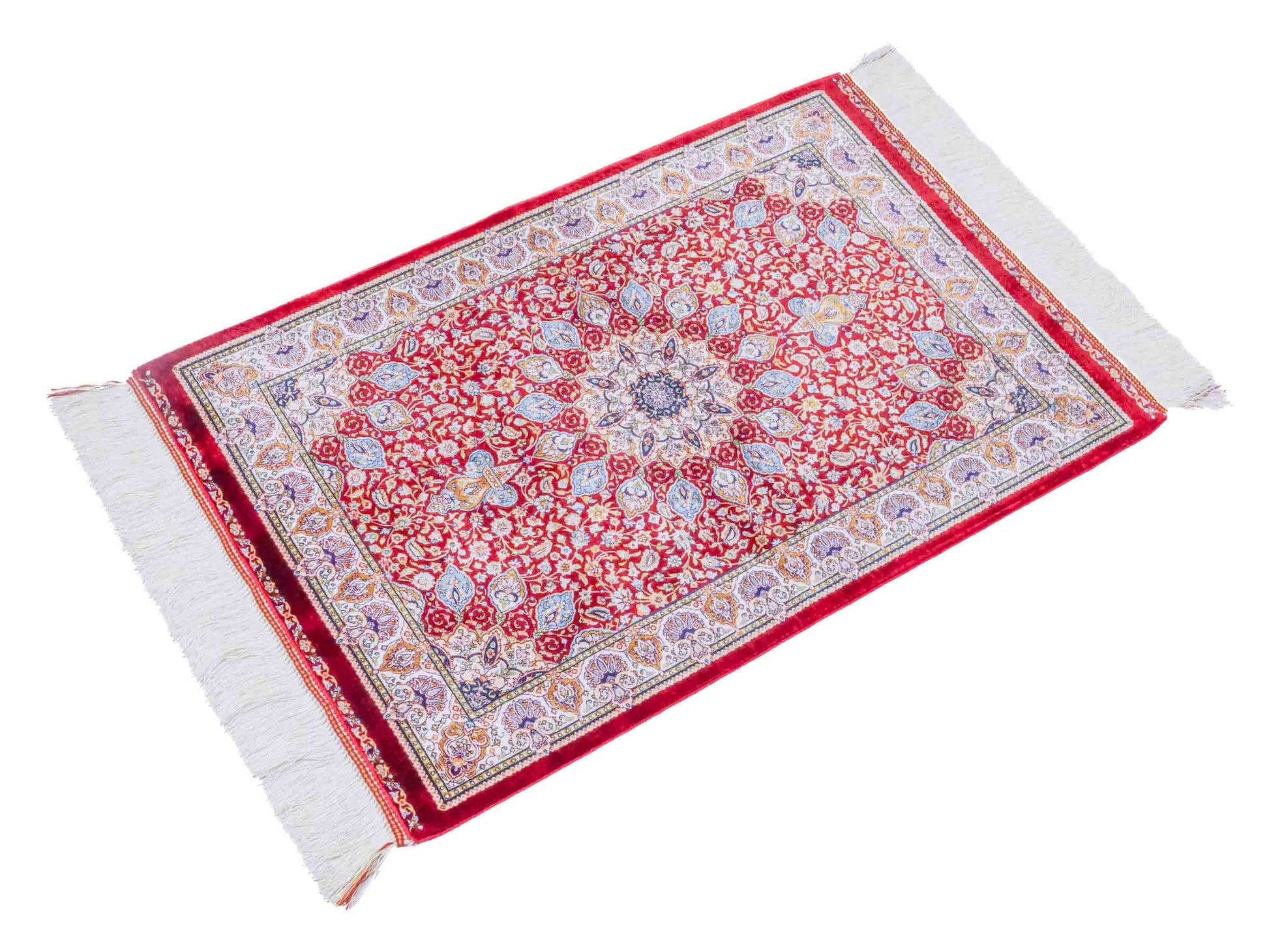 Ghom Maschinenteppich "Borzin" 90 x 60 cm aus pflanzlicher Seide (Viskose) mit Medaillon, Rot. Teppichnummer: V17RD054H. Persian Luxury Collection by Khademi. Made in Iran / Persia – Vertrieb durch JUPITER Intl.