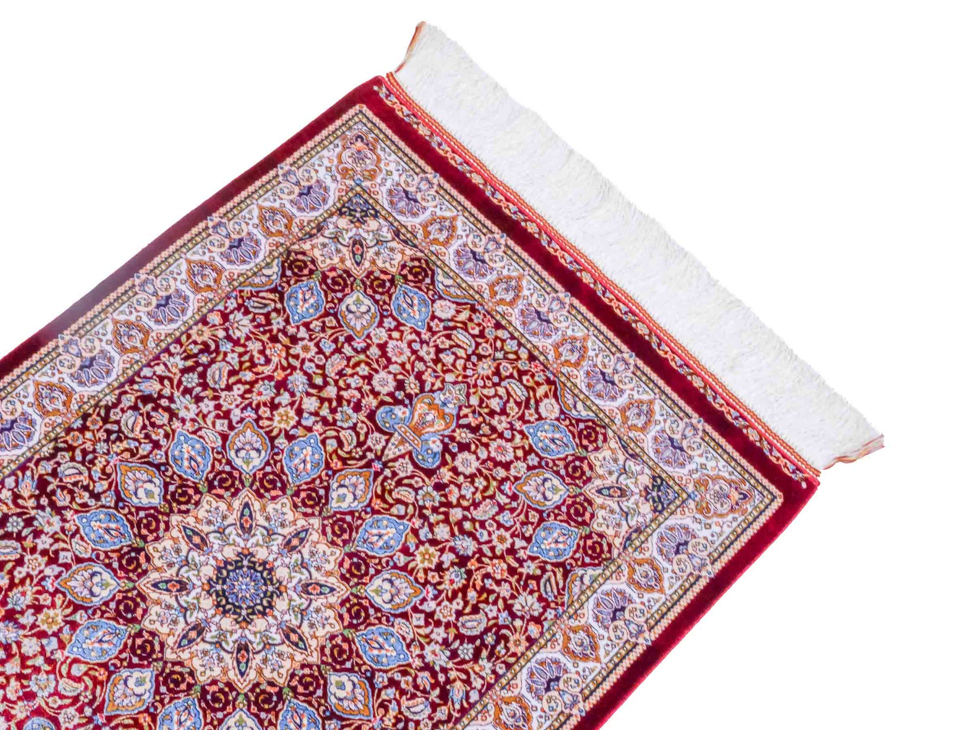 Ghom Maschinenteppich "Borzin" 90 x 60 cm aus pflanzlicher Seide (Viskose) mit Medaillon, Rot. Teppichnummer: V17RD054H. Persian Luxury Collection by Khademi. Made in Iran / Persia – Vertrieb durch JUPITER Intl.