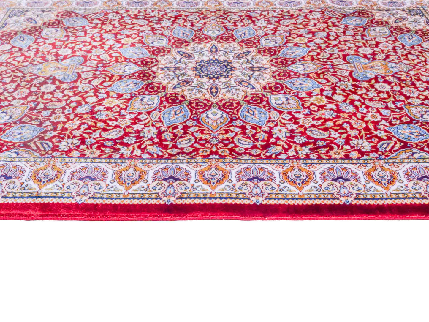 Ghom Maschinenteppich "Borzin" 90 x 60 cm aus pflanzlicher Seide (Viskose) mit Medaillon, Rot. Teppichnummer: V17RD054H. Persian Luxury Collection by Khademi. Made in Iran / Persia – Vertrieb durch JUPITER Intl.