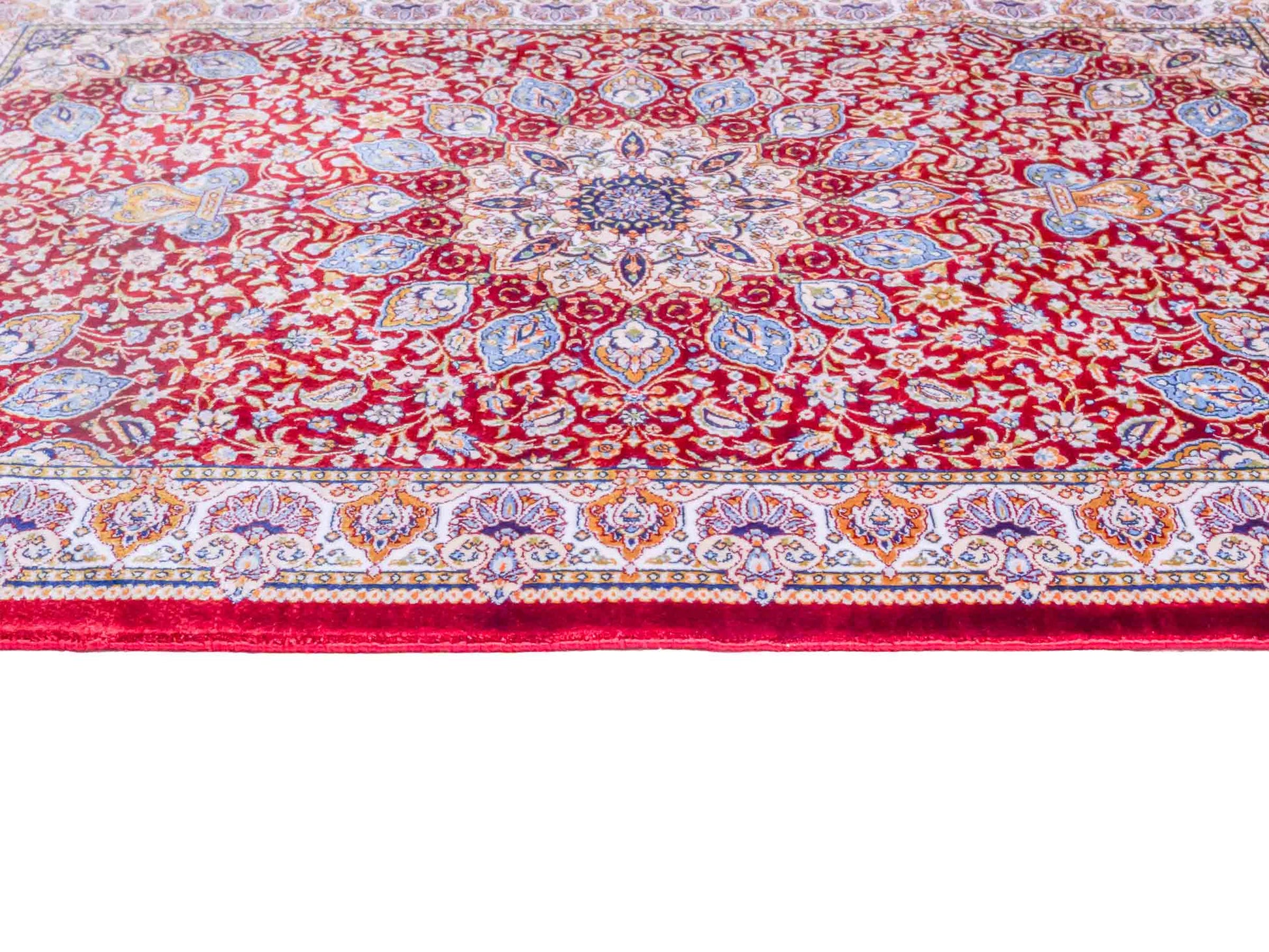 Ghom Maschinenteppich "Borzin" 90 x 60 cm aus pflanzlicher Seide (Viskose) mit Medaillon, Rot. Teppichnummer: V17RD054H. Persian Luxury Collection by Khademi. Made in Iran / Persia – Vertrieb durch JUPITER Intl.