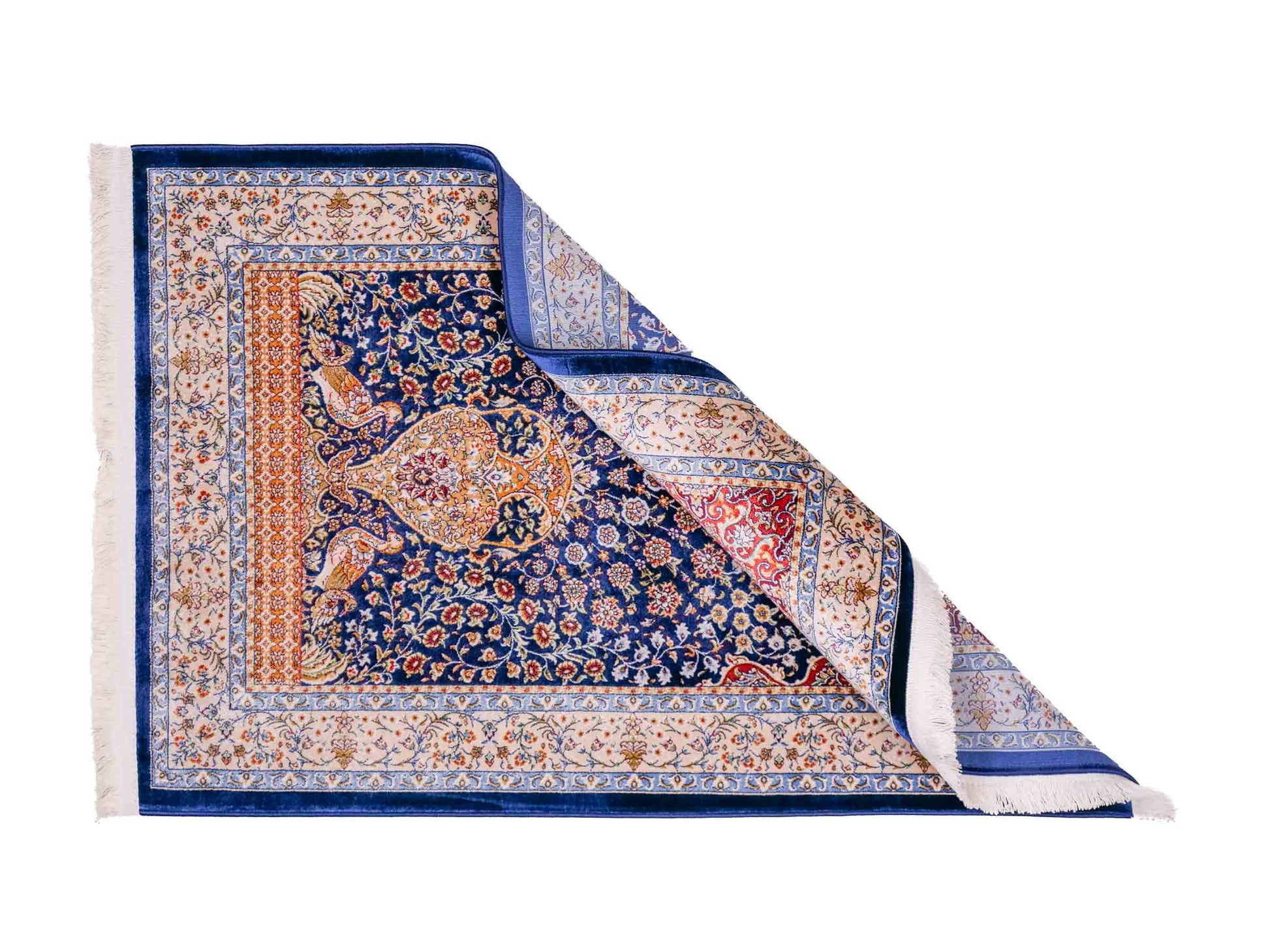 Ghom Maschinenteppich "Chobin" 90 x 60 cm aus pflanzlicher Seide (Viskose) mit Medaillon, Navy-Blau. Teppichnummer: V18NY054M. Persian Luxury Collection by Khademi. Made in Iran / Persia – Vertrieb durch JUPITER Intl.