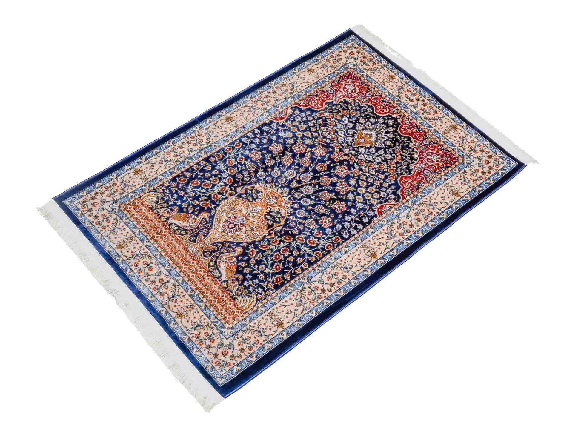 Ghom Maschinenteppich "Chobin" 90 x 60 cm aus pflanzlicher Seide (Viskose) mit Medaillon, Navy-Blau. Teppichnummer: V18NY054M. Persian Luxury Collection by Khademi. Made in Iran / Persia – Vertrieb durch JUPITER Intl.