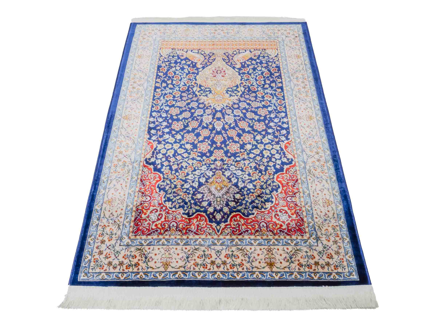 Ghom Maschinenteppich "Chobin" 90 x 60 cm aus pflanzlicher Seide (Viskose) mit Medaillon, Navy-Blau. Teppichnummer: V18NY054M. Persian Luxury Collection by Khademi. Made in Iran / Persia – Vertrieb durch JUPITER Intl.