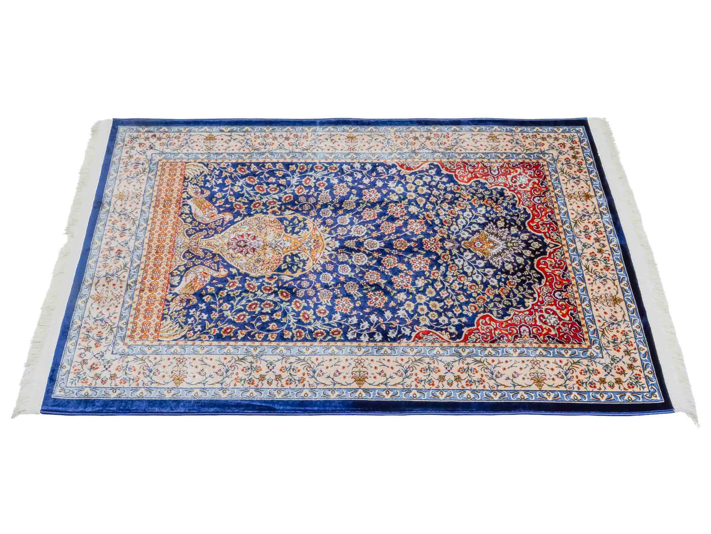 Ghom Maschinenteppich "Chobin" 90 x 60 cm aus pflanzlicher Seide (Viskose) mit Medaillon, Navy-Blau. Teppichnummer: V18NY054M. Persian Luxury Collection by Khademi. Made in Iran / Persia – Vertrieb durch JUPITER Intl.