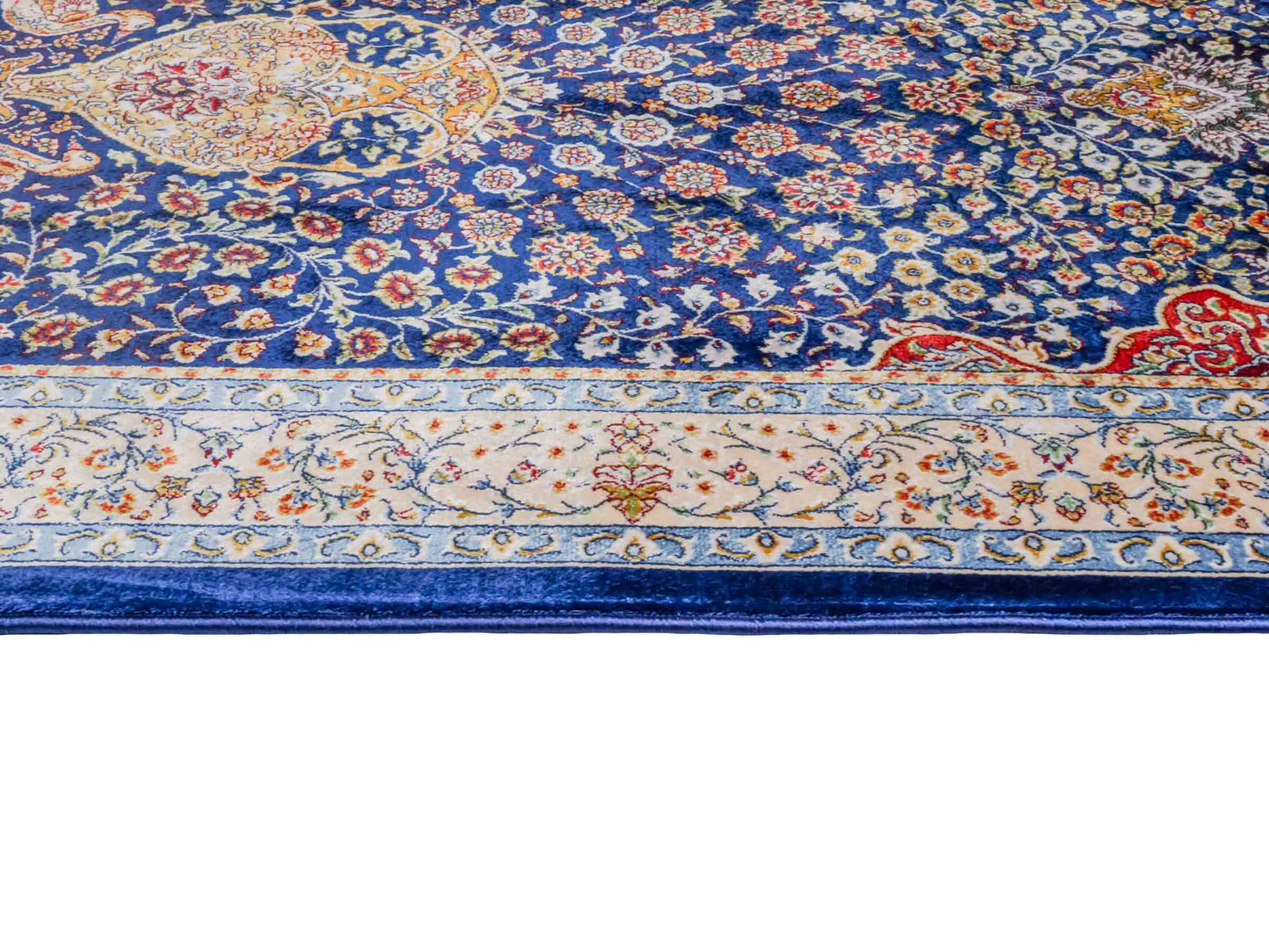 Ghom Maschinenteppich "Chobin" 90 x 60 cm aus pflanzlicher Seide (Viskose) mit Medaillon, Navy-Blau. Teppichnummer: V18NY054M. Persian Luxury Collection by Khademi. Made in Iran / Persia – Vertrieb durch JUPITER Intl.