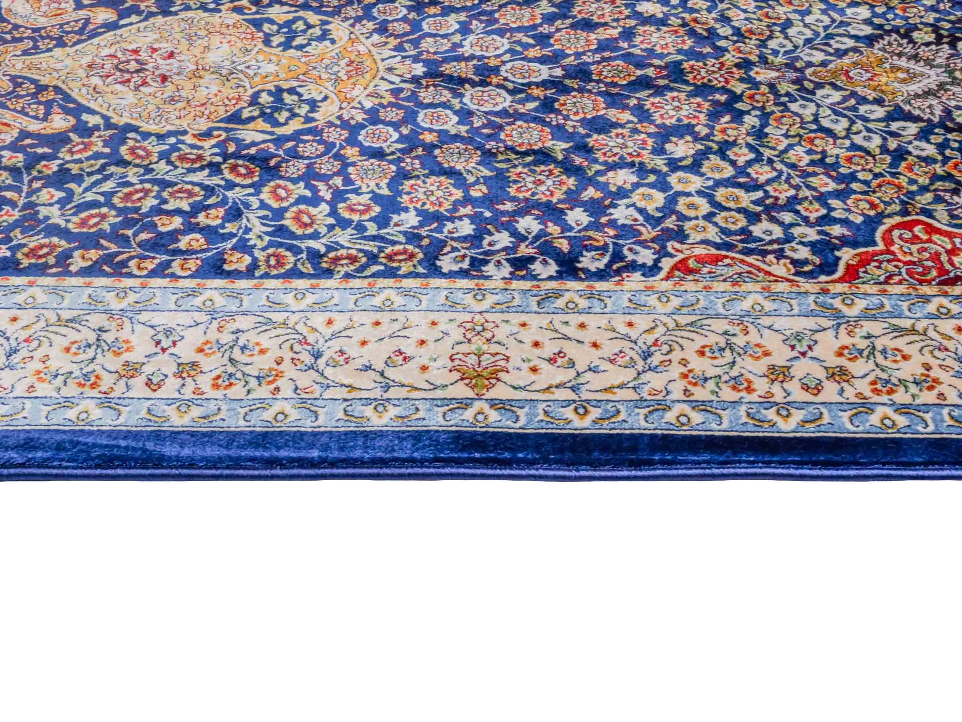 Ghom Maschinenteppich "Chobin" 90 x 60 cm aus pflanzlicher Seide (Viskose) mit Medaillon, Navy-Blau. Teppichnummer: V18NY054M. Persian Luxury Collection by Khademi. Made in Iran / Persia – Vertrieb durch JUPITER Intl.