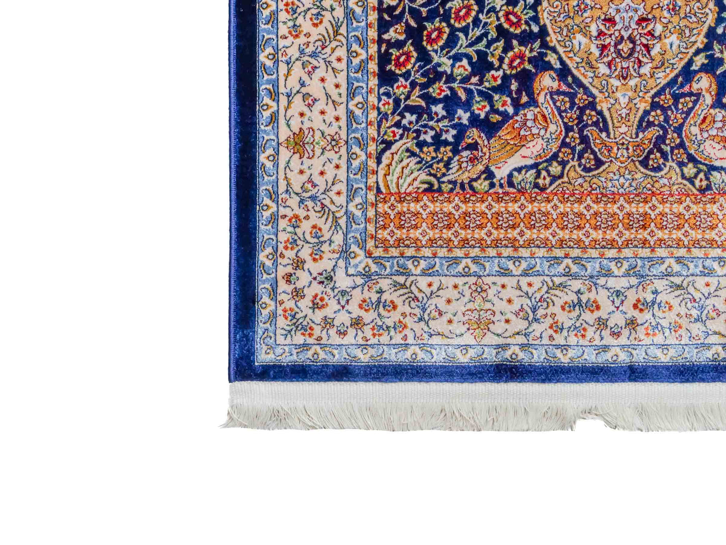 Ghom Maschinenteppich "Chobin" 90 x 60 cm aus pflanzlicher Seide (Viskose) mit Medaillon, Navy-Blau. Teppichnummer: V18NY054M. Persian Luxury Collection by Khademi. Made in Iran / Persia – Vertrieb durch JUPITER Intl.