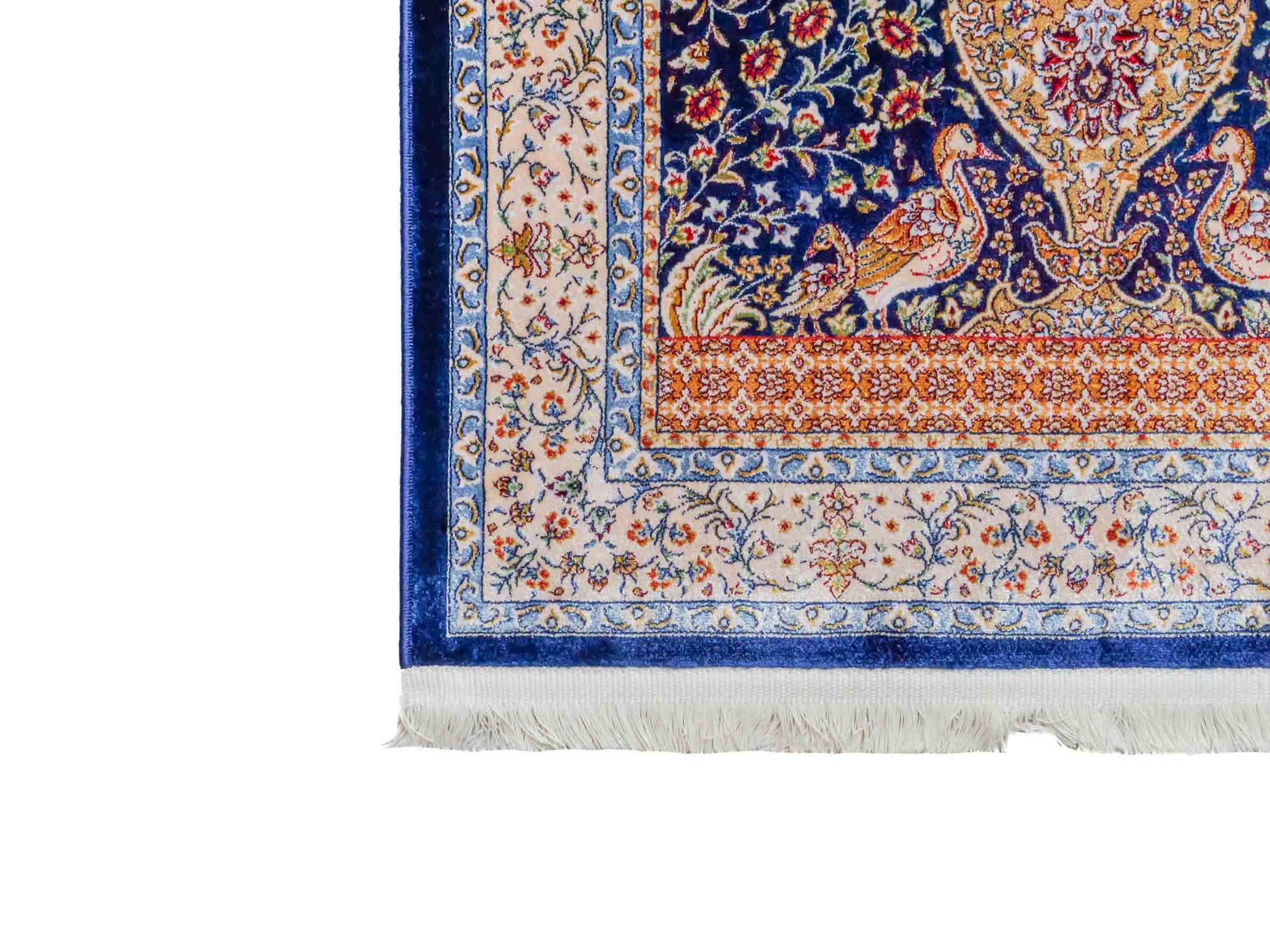 Ghom Maschinenteppich "Chobin" 90 x 60 cm aus pflanzlicher Seide (Viskose) mit Medaillon, Navy-Blau. Teppichnummer: V18NY054M. Persian Luxury Collection by Khademi. Made in Iran / Persia – Vertrieb durch JUPITER Intl.