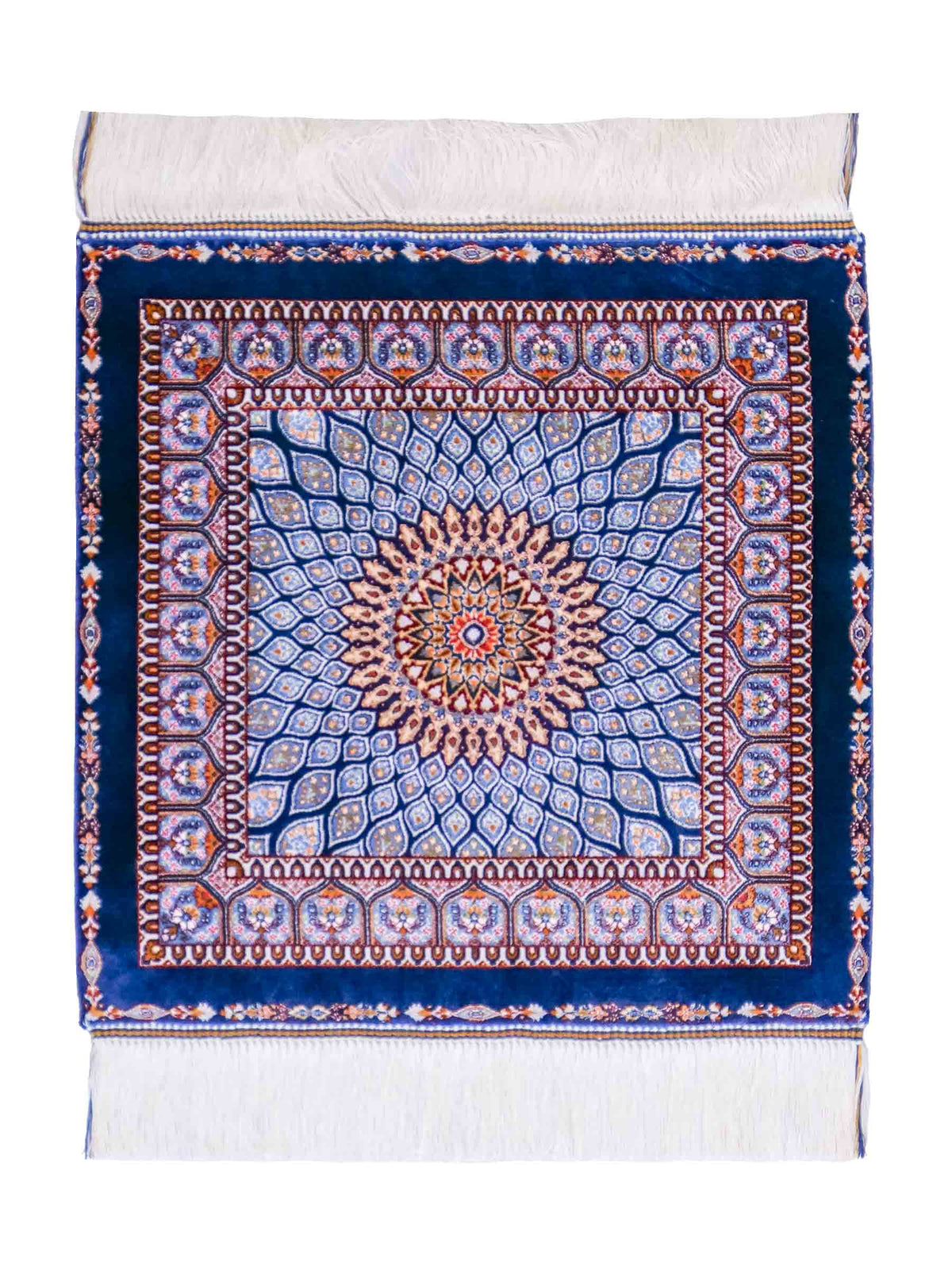 Ghom Maschinenteppich "Dara" 50 x 50 cm, mit Medaillon, Marineblau, aus pflanzlicher Seide (Viskose), Hand-Finished. Teppichnummer: V19NY025H. Persian Luxury Collection by Khademi. Made in Iran / Persia – Vertrieb durch JUPITER Intl.